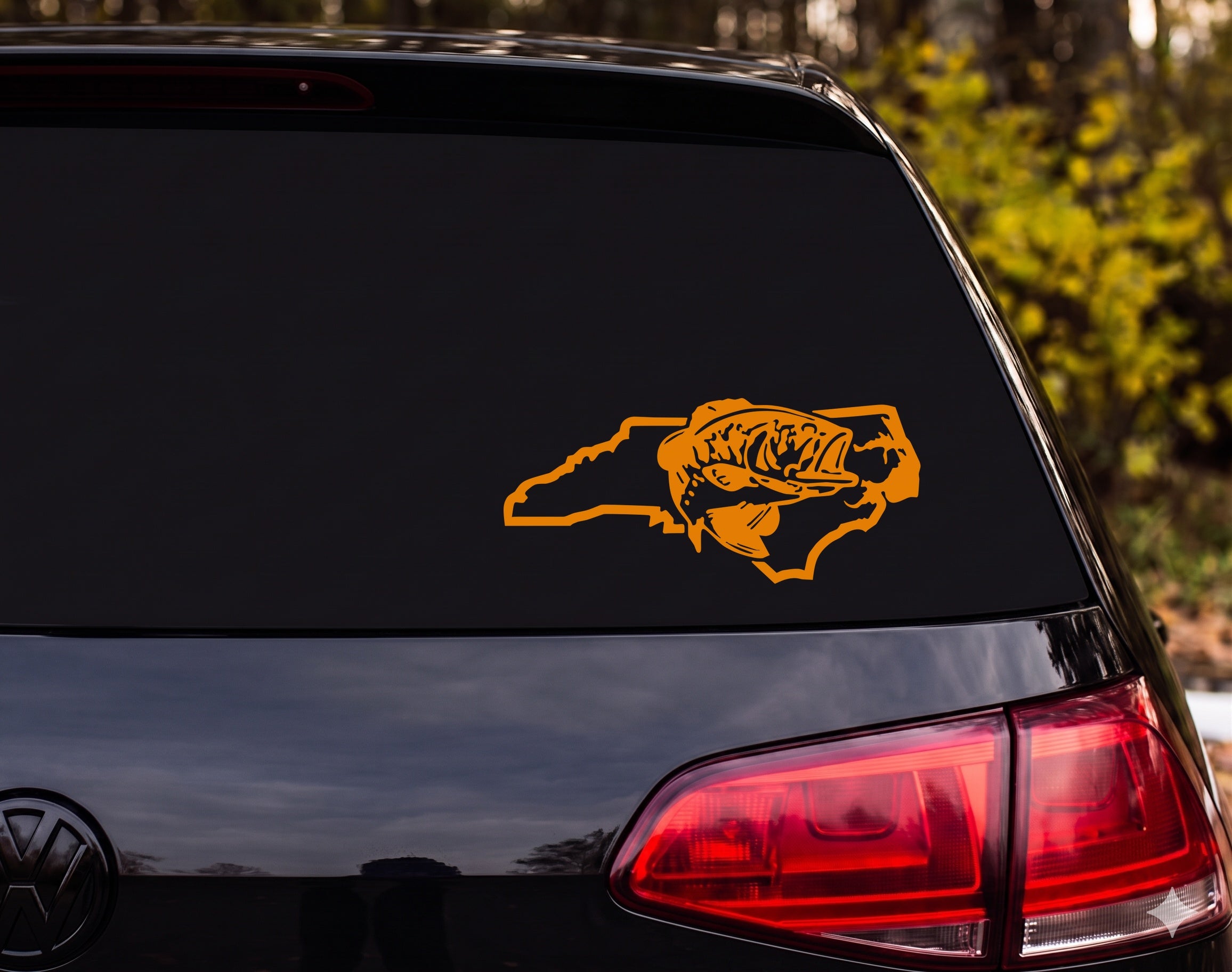 North Carolina State Largemouth Bass Jumping Silhouette Engraving Vinyl Decal - Orange