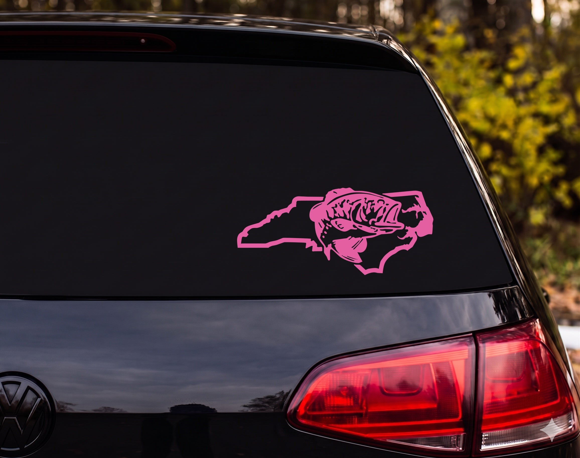 North Carolina State Largemouth Bass Jumping Silhouette Engraving Vinyl Decal - Pink