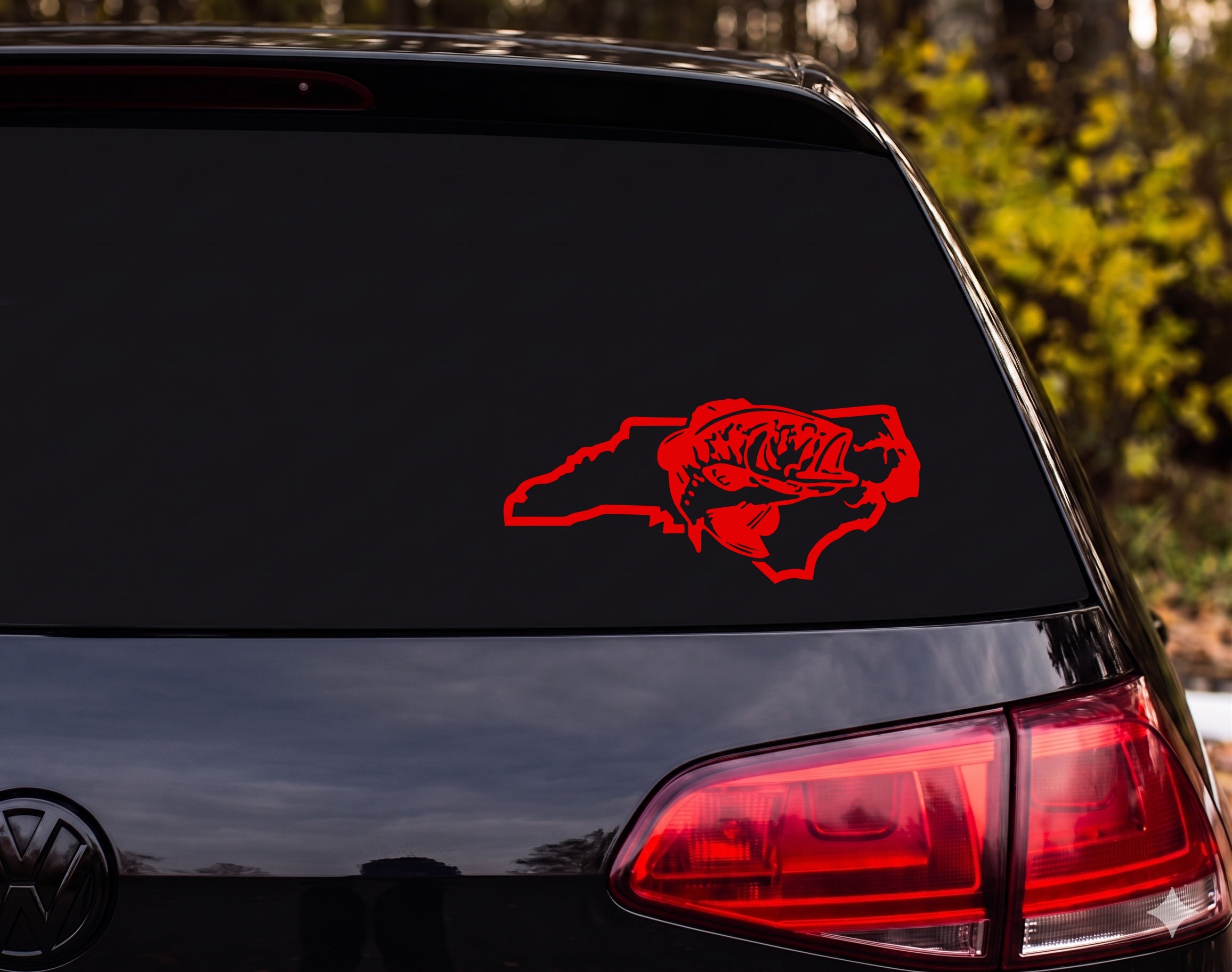North Carolina State Largemouth Bass Jumping Silhouette Engraving Vinyl Decal - Red