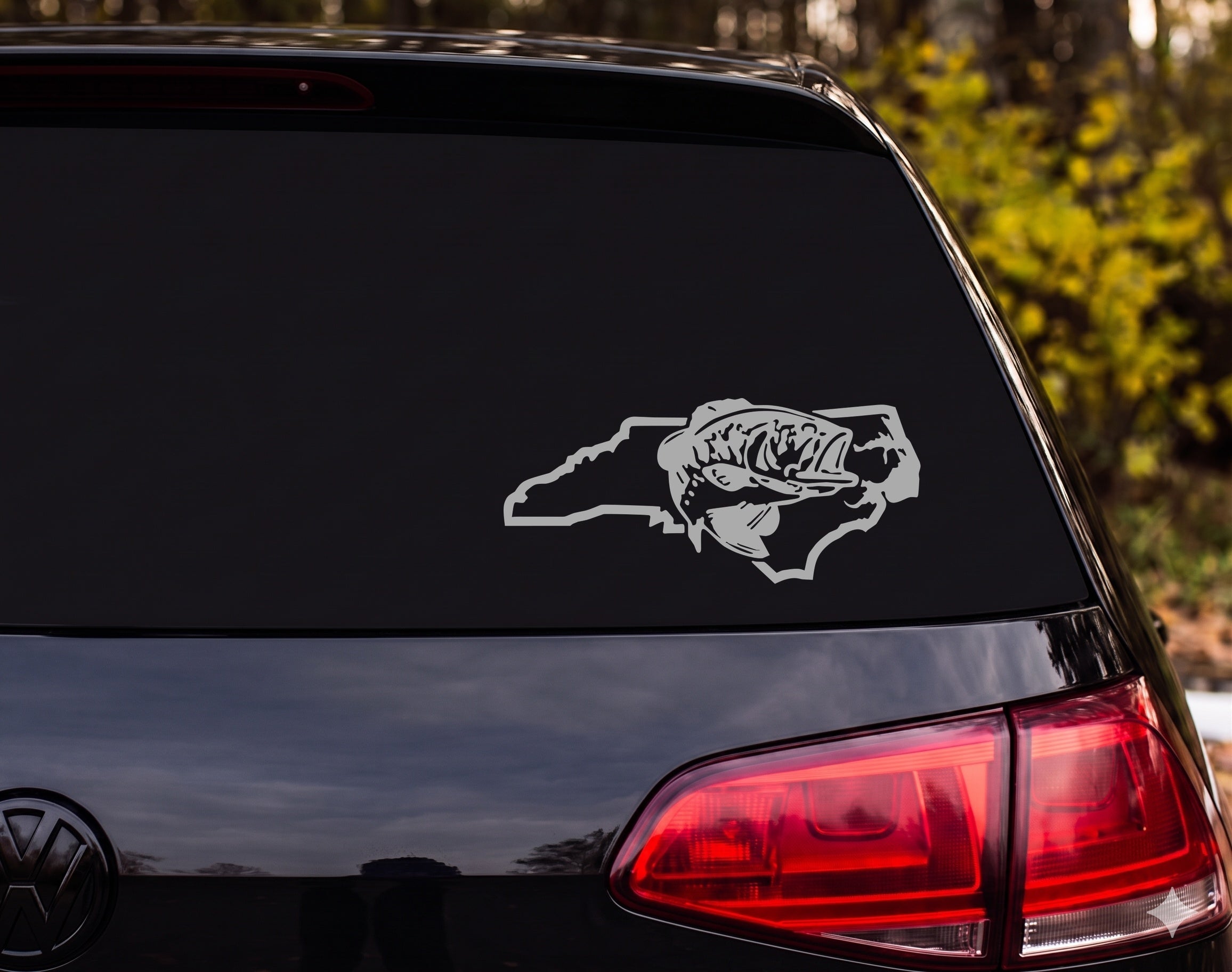 North Carolina State Largemouth Bass Jumping Silhouette Engraving Vinyl Decal - Silver