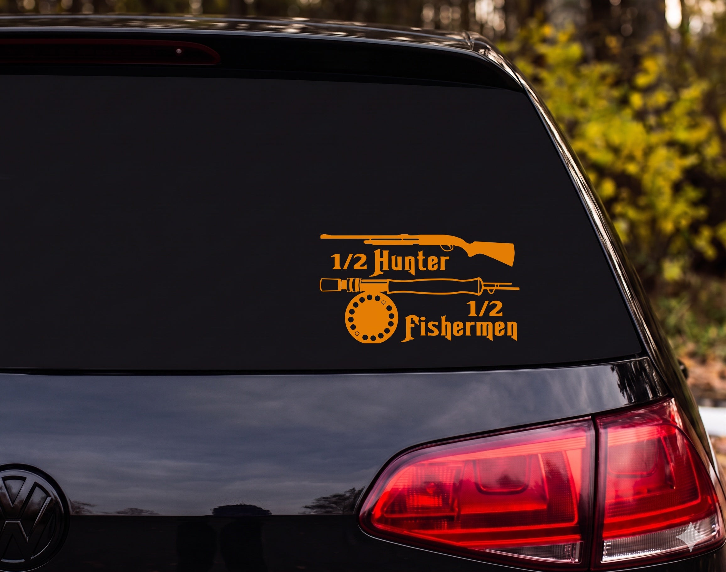 Half Hunter Half Fisherman Shotgun Fly Fishing Rod Silhouette Vinyl Decal - Orange