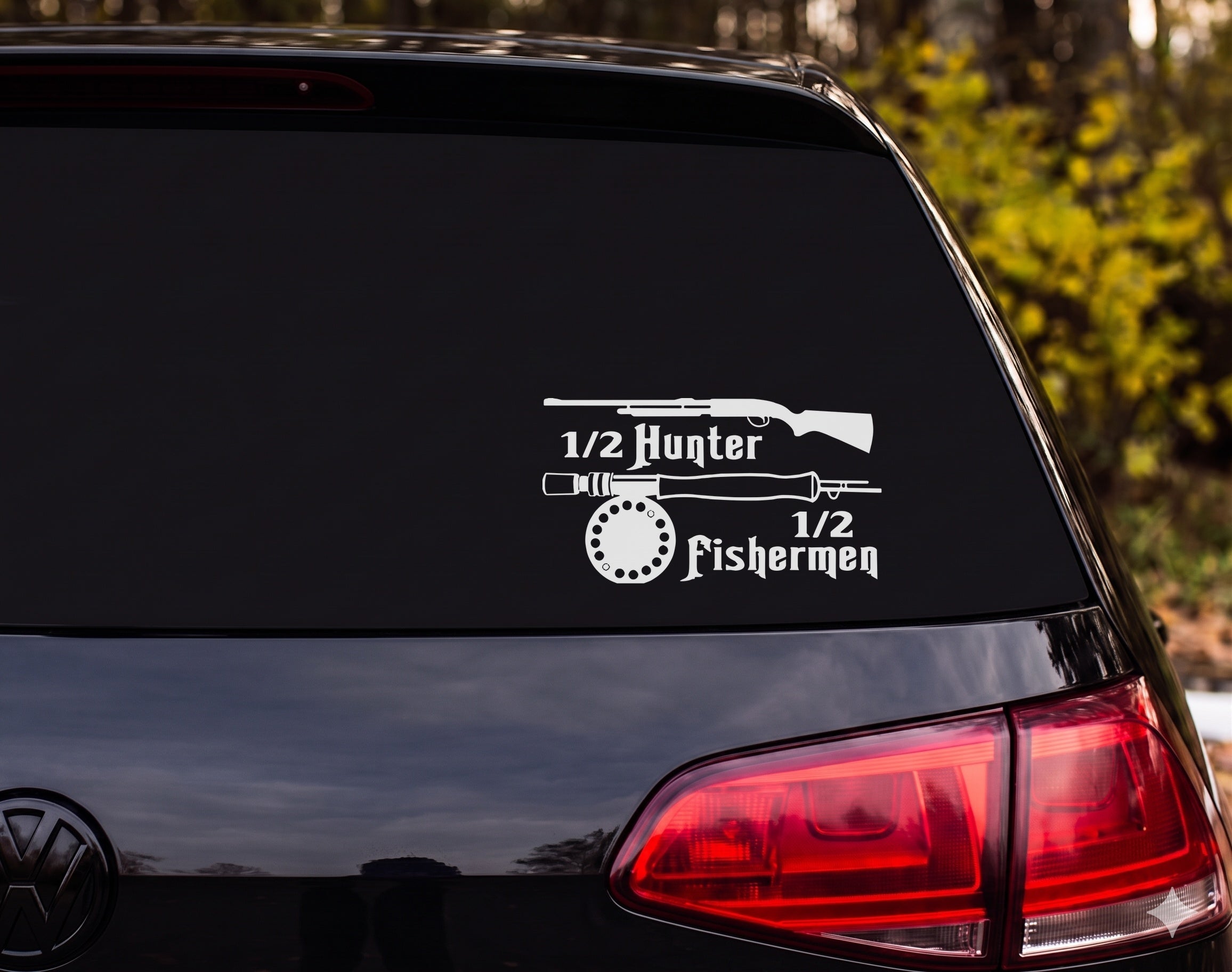 Half Hunter Half Fisherman Shotgun Fly Fishing Rod Silhouette Vinyl Decal - White