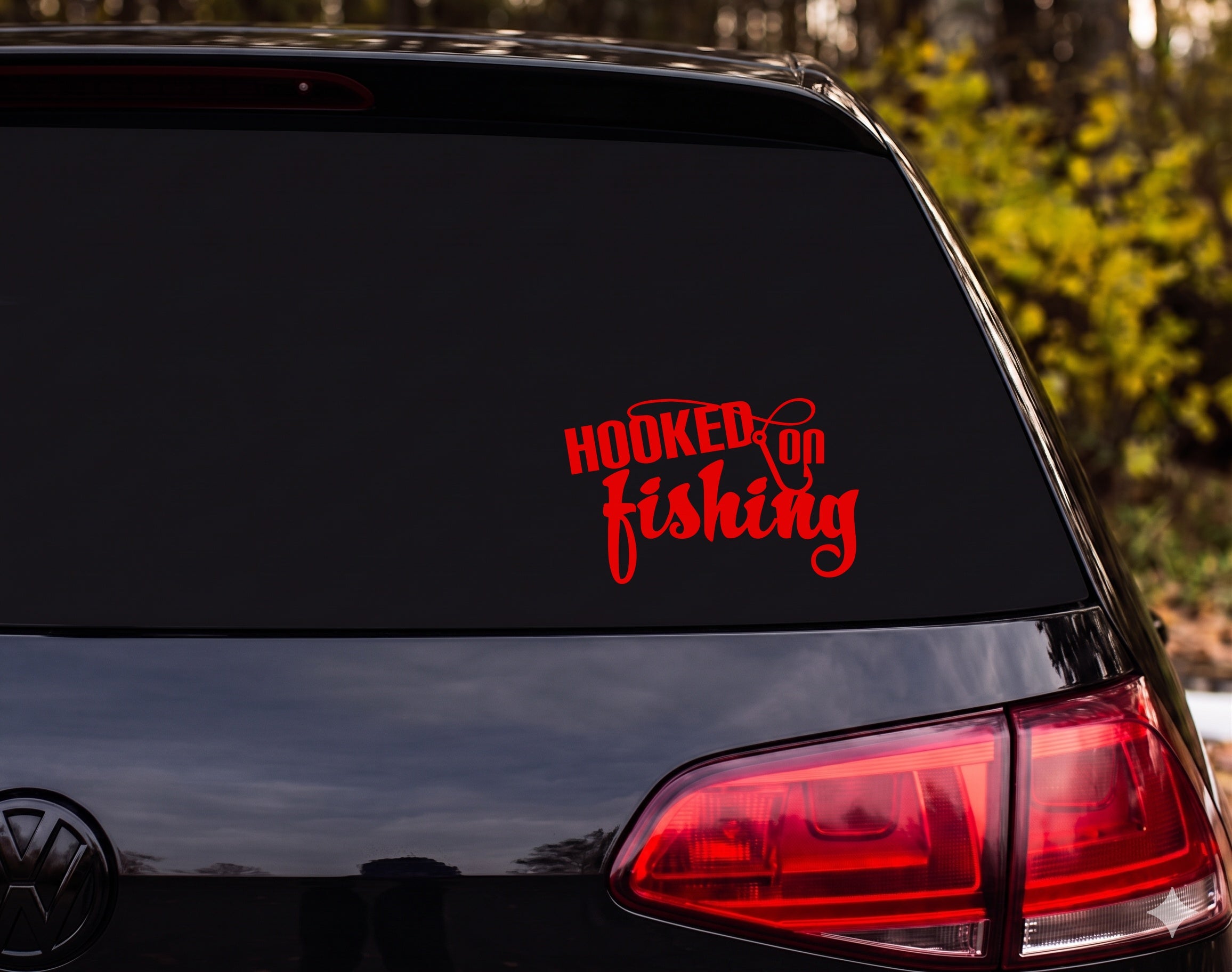 HOOKED On Fishing Hook Line Loop Vinyl Decal Sticker Car Window Laptop - Red