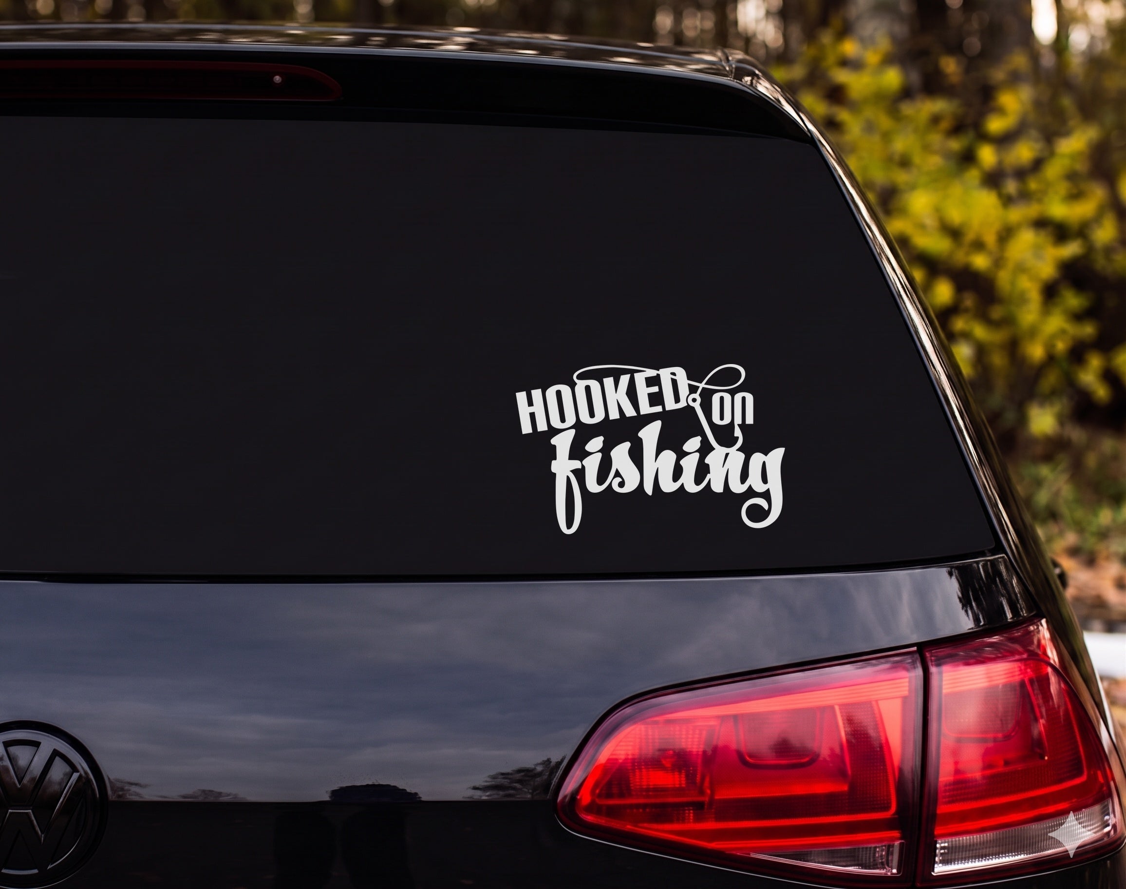 HOOKED On Fishing Hook Line Loop Vinyl Decal Sticker Car Window Laptop - White