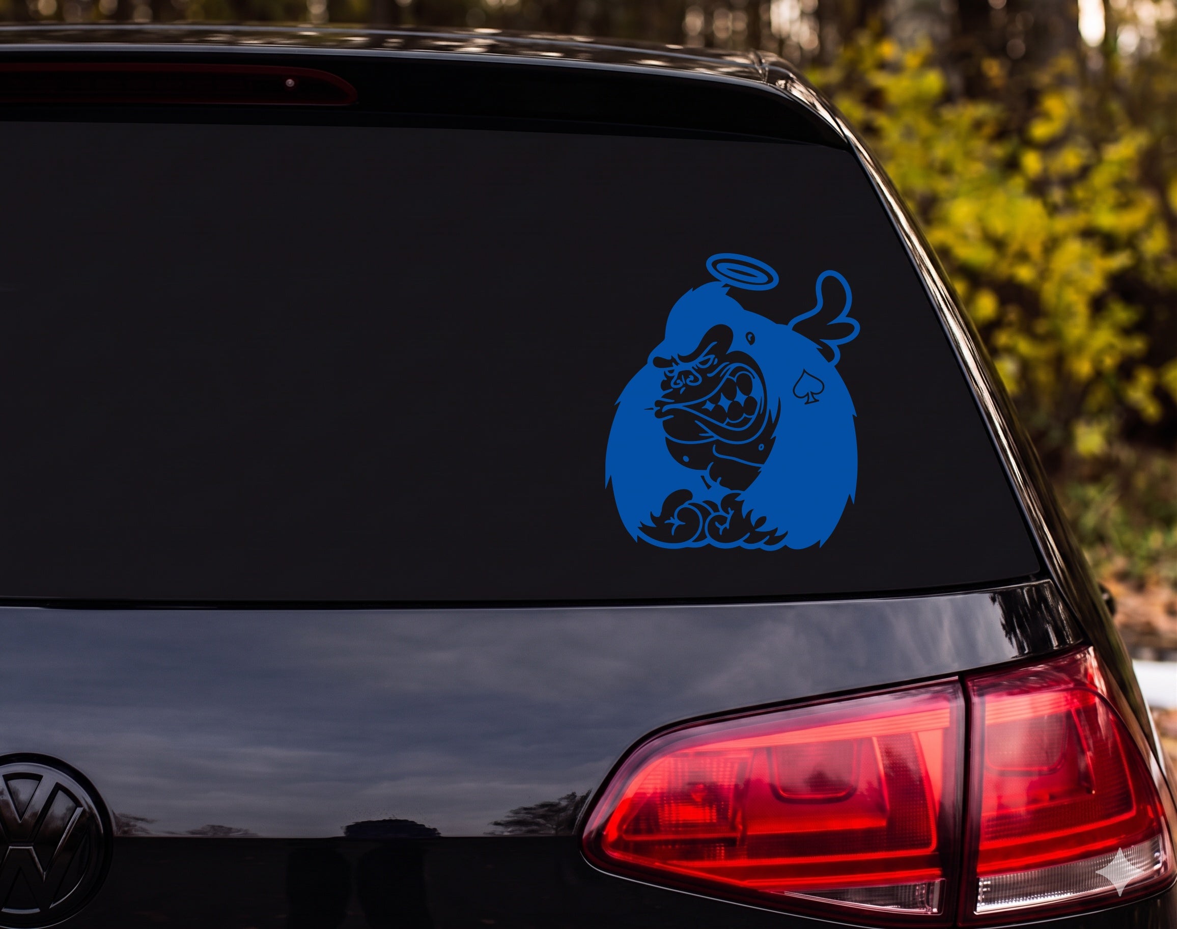 Angry Gorilla Halo Angel Wings Ace of Spades Flames Cartoon Vinyl Decal - Blue