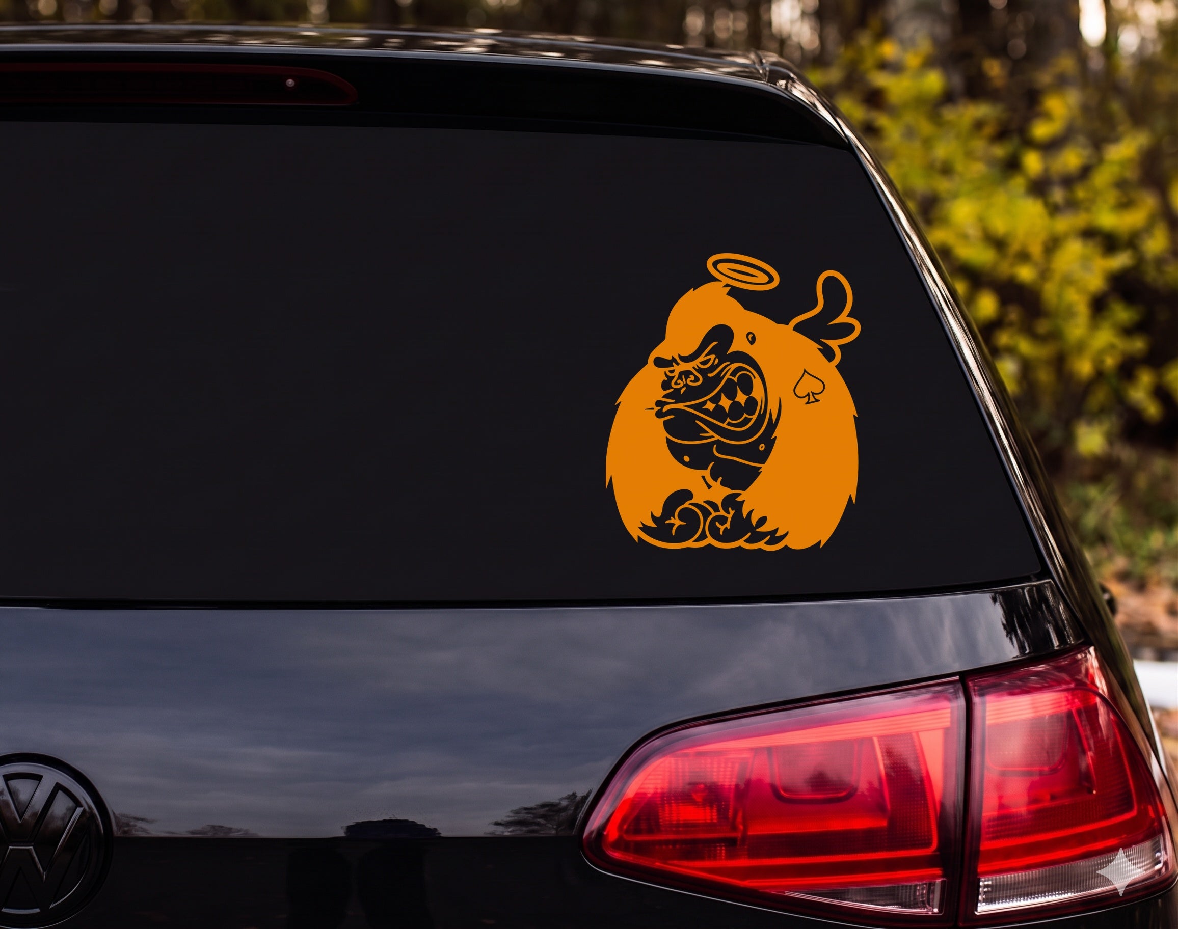 Angry Gorilla Halo Angel Wings Ace of Spades Flames Cartoon Vinyl Decal - Orange