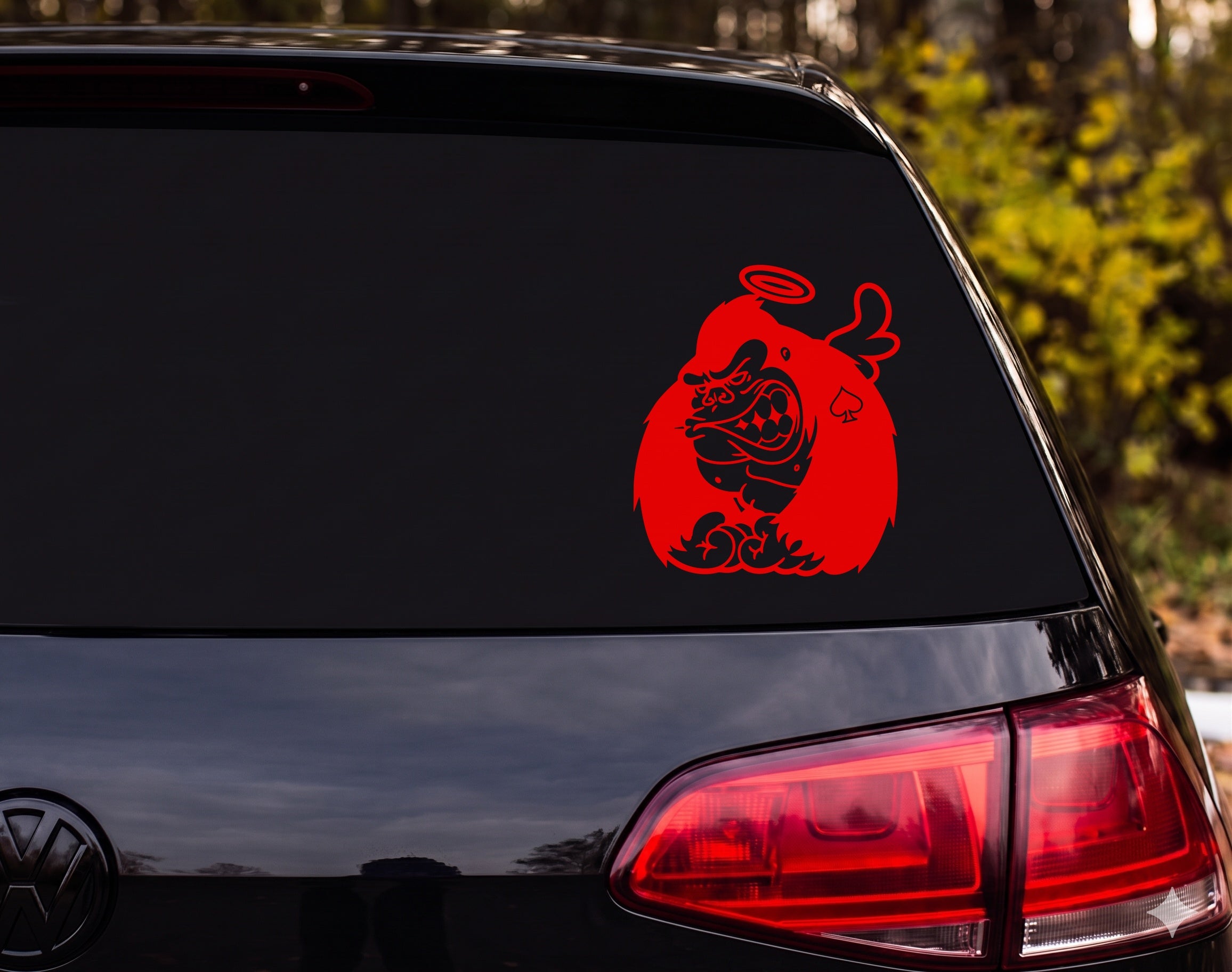 Angry Gorilla Halo Angel Wings Ace of Spades Flames Cartoon Vinyl Decal - Red