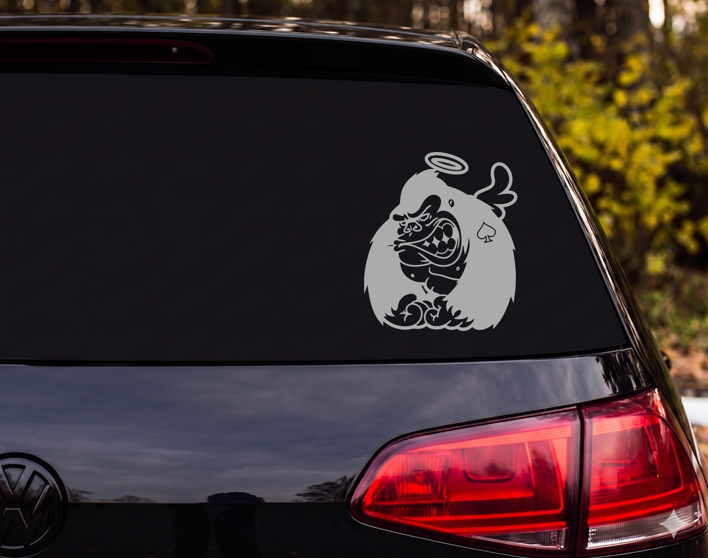 Angry Gorilla Halo Angel Wings Ace of Spades Flames Cartoon Vinyl Decal - Silver