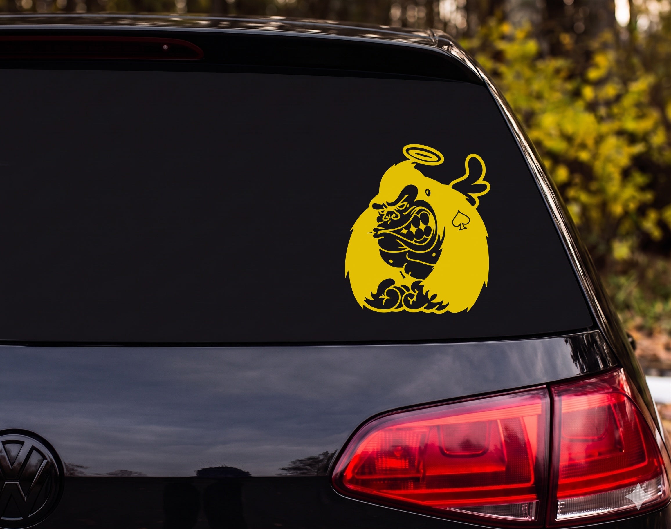 Angry Gorilla Halo Angel Wings Ace of Spades Flames Cartoon Vinyl Decal - Yellow