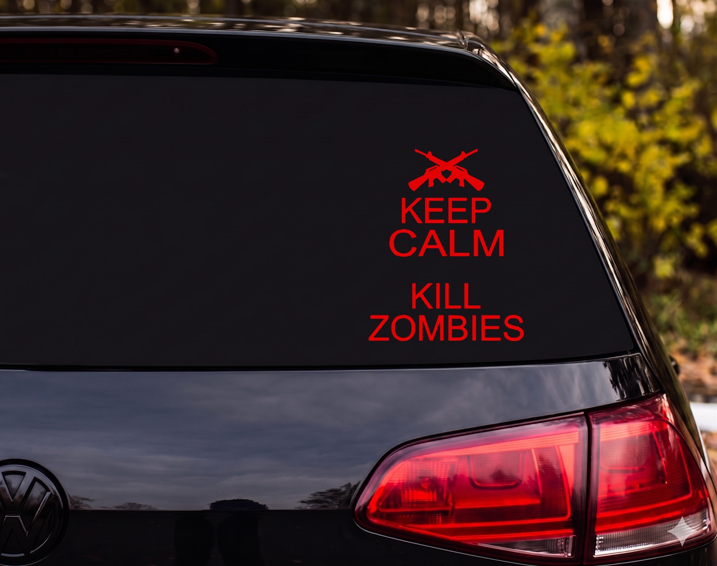 Keep Calm Kill Zombies Crossed Rifles Silhouette Vinyl Decal Sticker - Red
