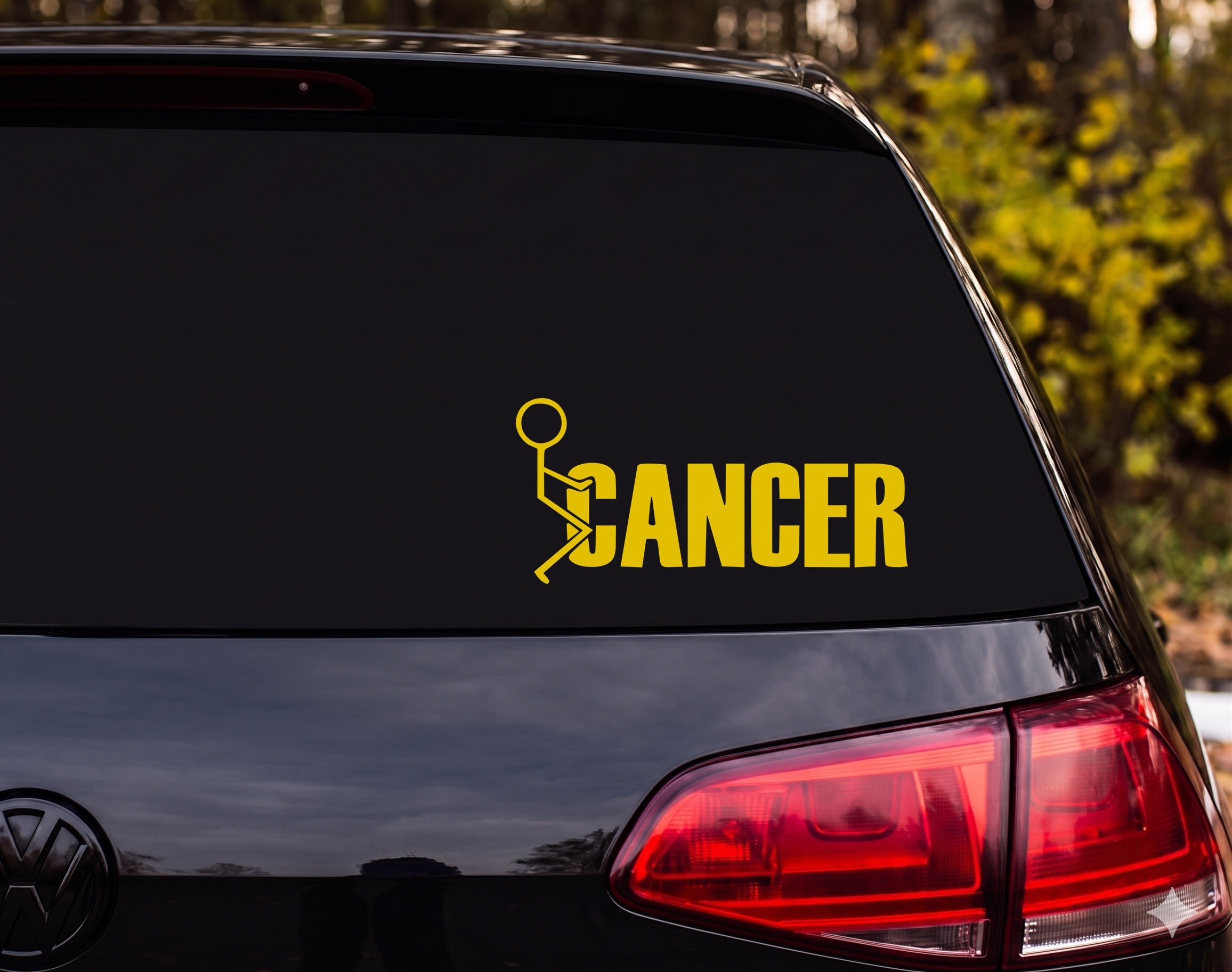 Stick Figure Fighting Cancer Word Outline Vinyl Decal Sticker Car Window - Yellow