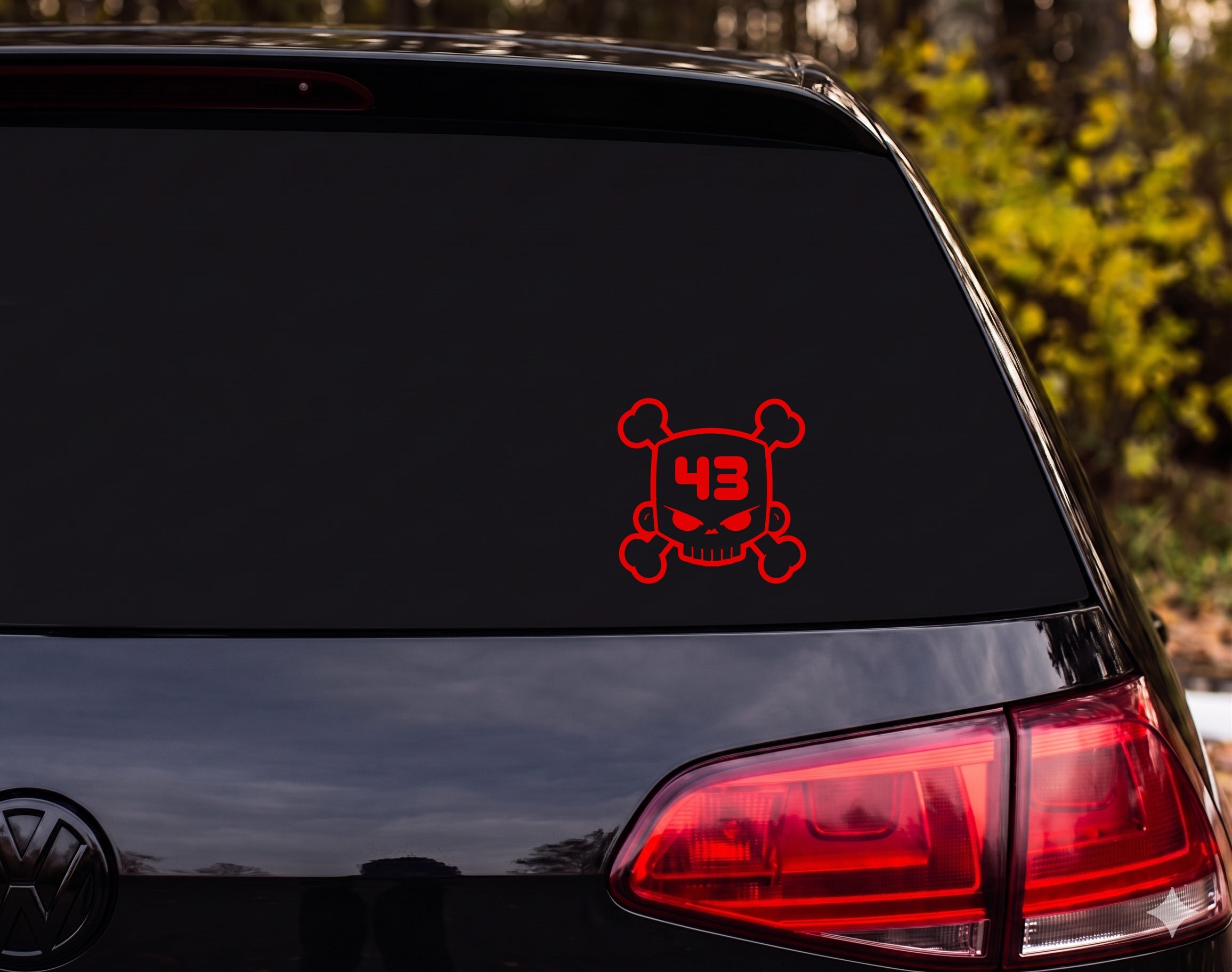 Angry Skull Crossbones Number 43 Cartoon Black White Vinyl Decal Sticker - Red