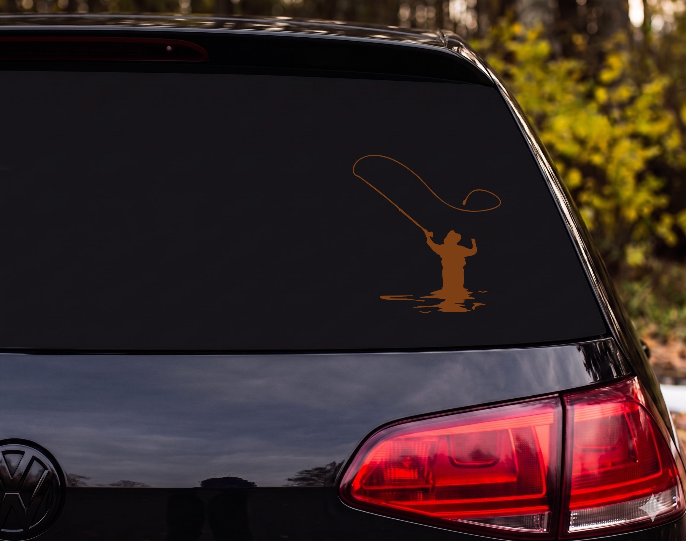 Fly Fishing Silhouette Man Casting Line in Water Vinyl Decal Sticker Car Window - Brown