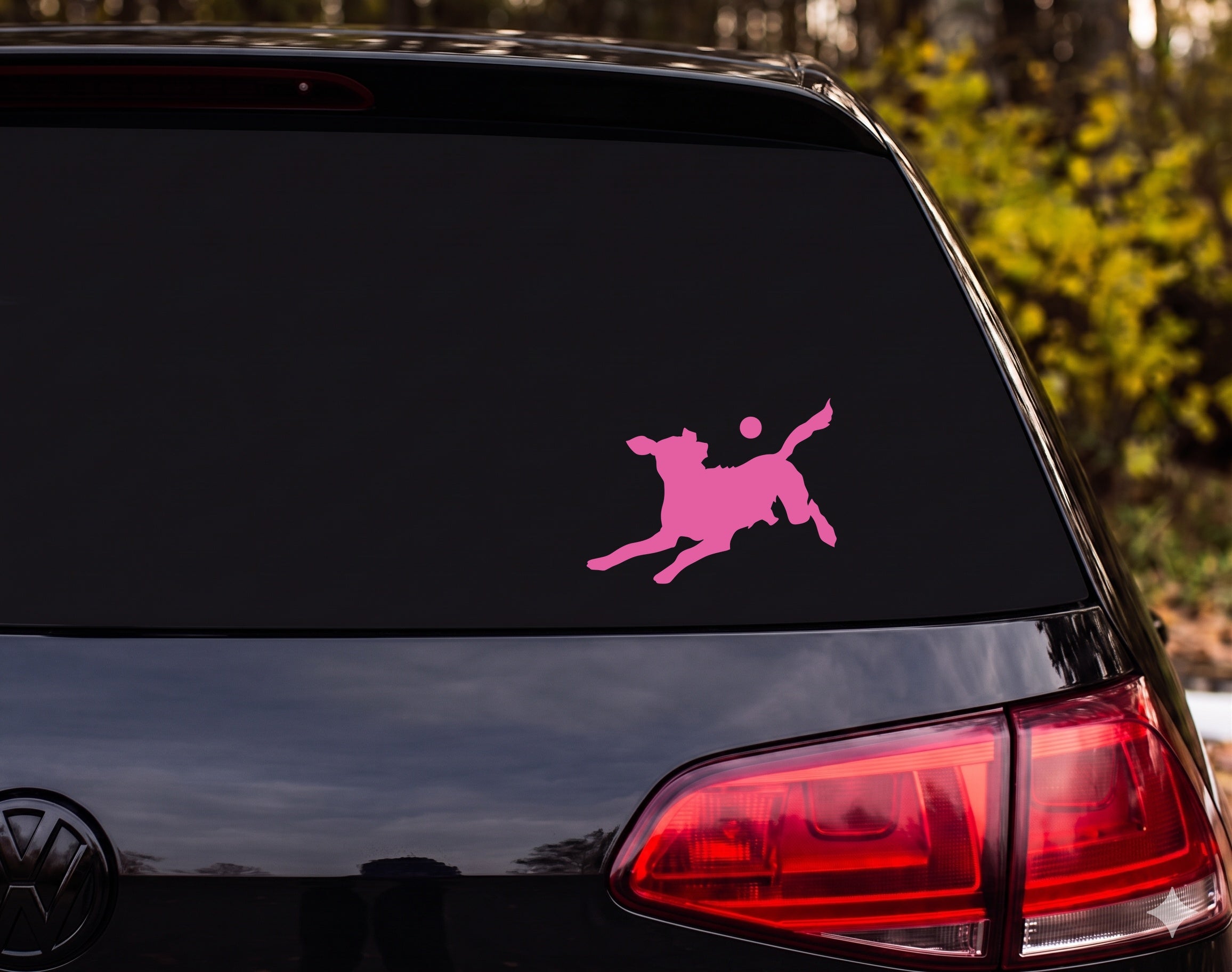 Dog Chasing Ball Silhouette Leaping Running Vinyl Decal Sticker Car Window - Pink