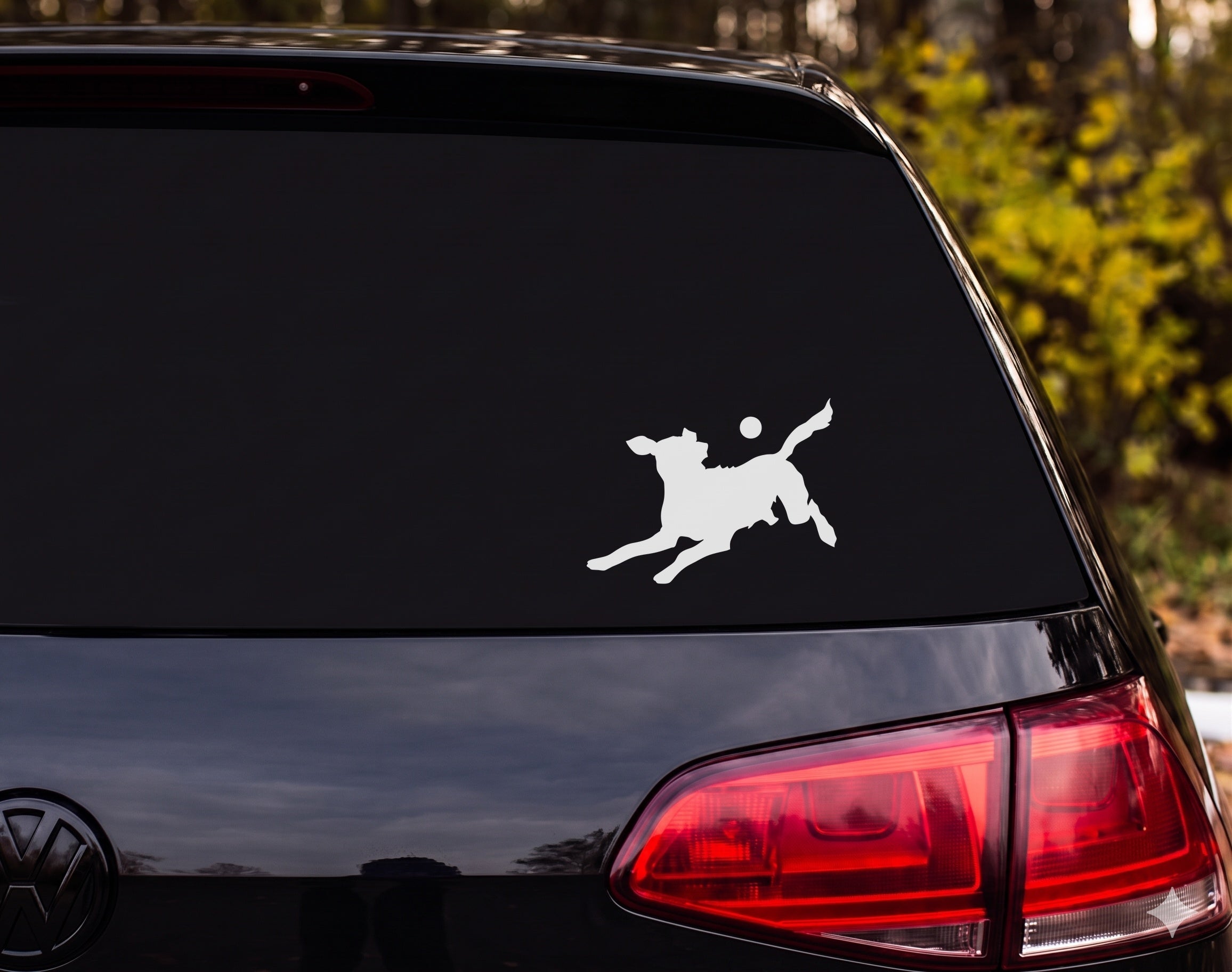 Dog Chasing Ball Silhouette Leaping Running Vinyl Decal Sticker Car Window - White