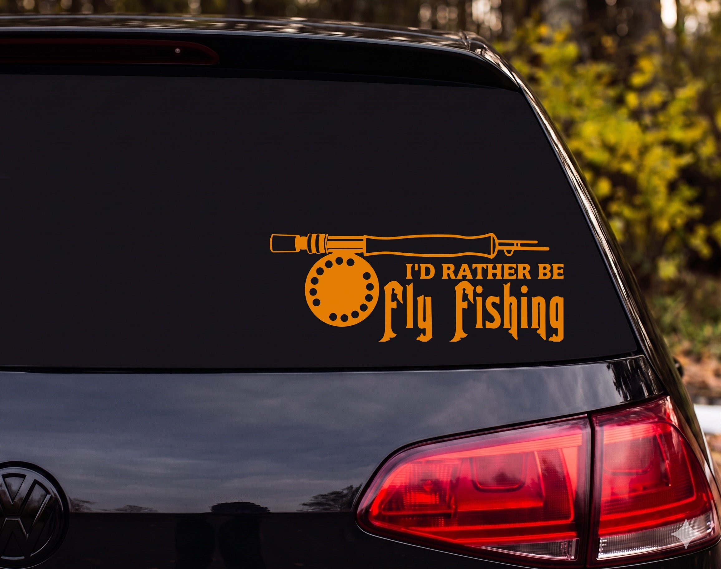 I'd Rather Be Fly Fishing Rod Reel Silhouette Vinyl Decal Sticker - Orange