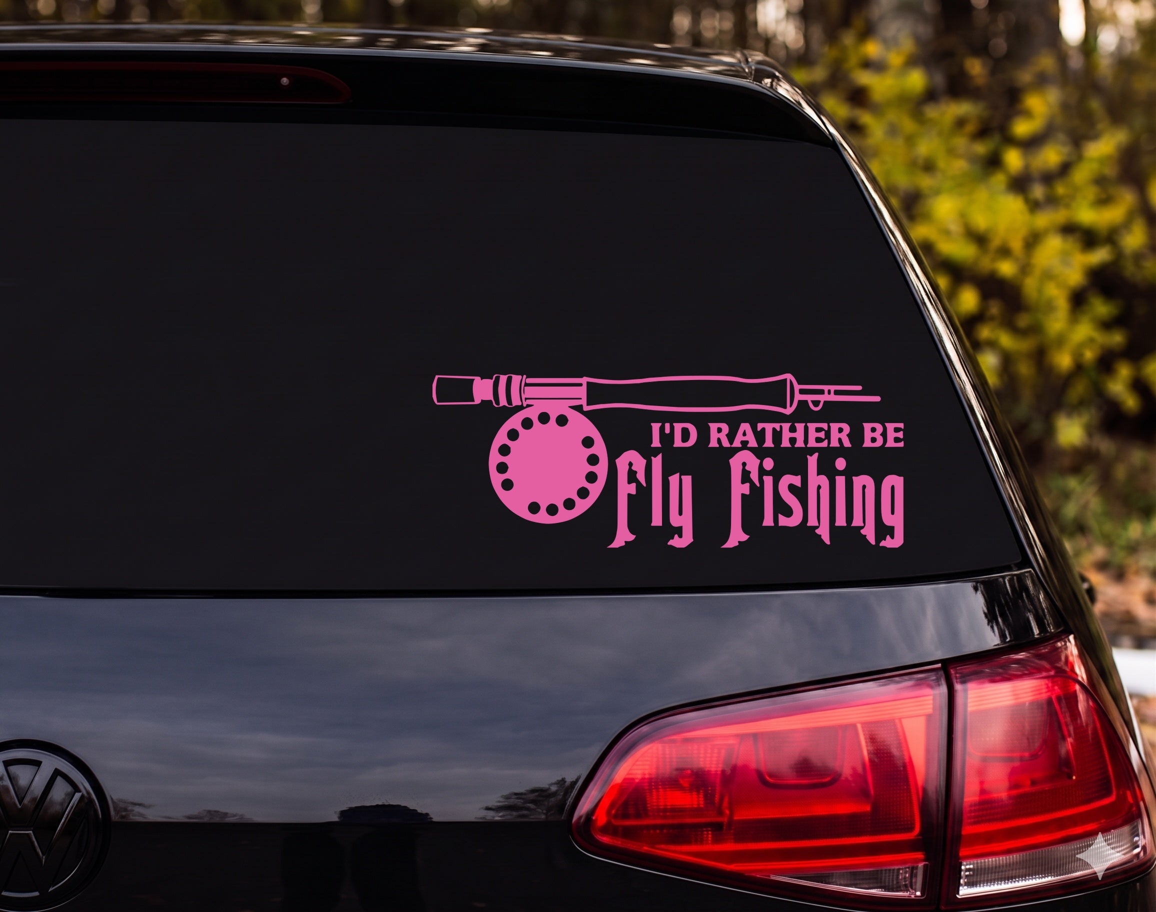 I'd Rather Be Fly Fishing Rod Reel Silhouette Vinyl Decal Sticker - Pink