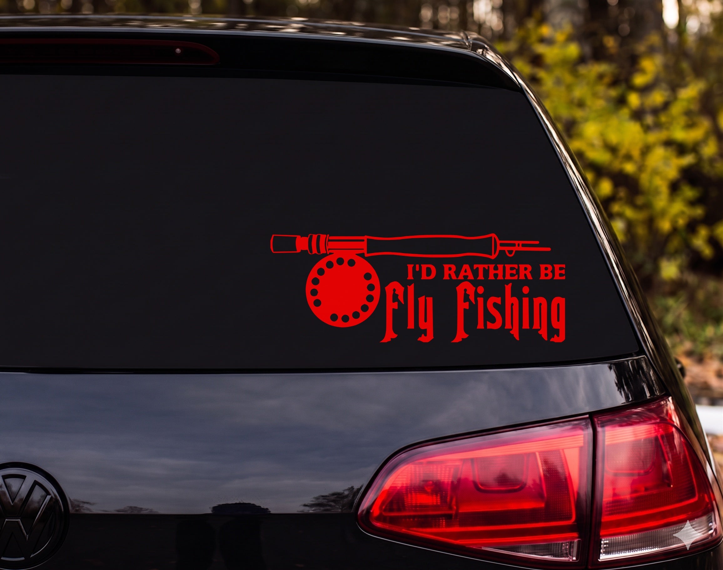 I'd Rather Be Fly Fishing Rod Reel Silhouette Vinyl Decal Sticker - Red