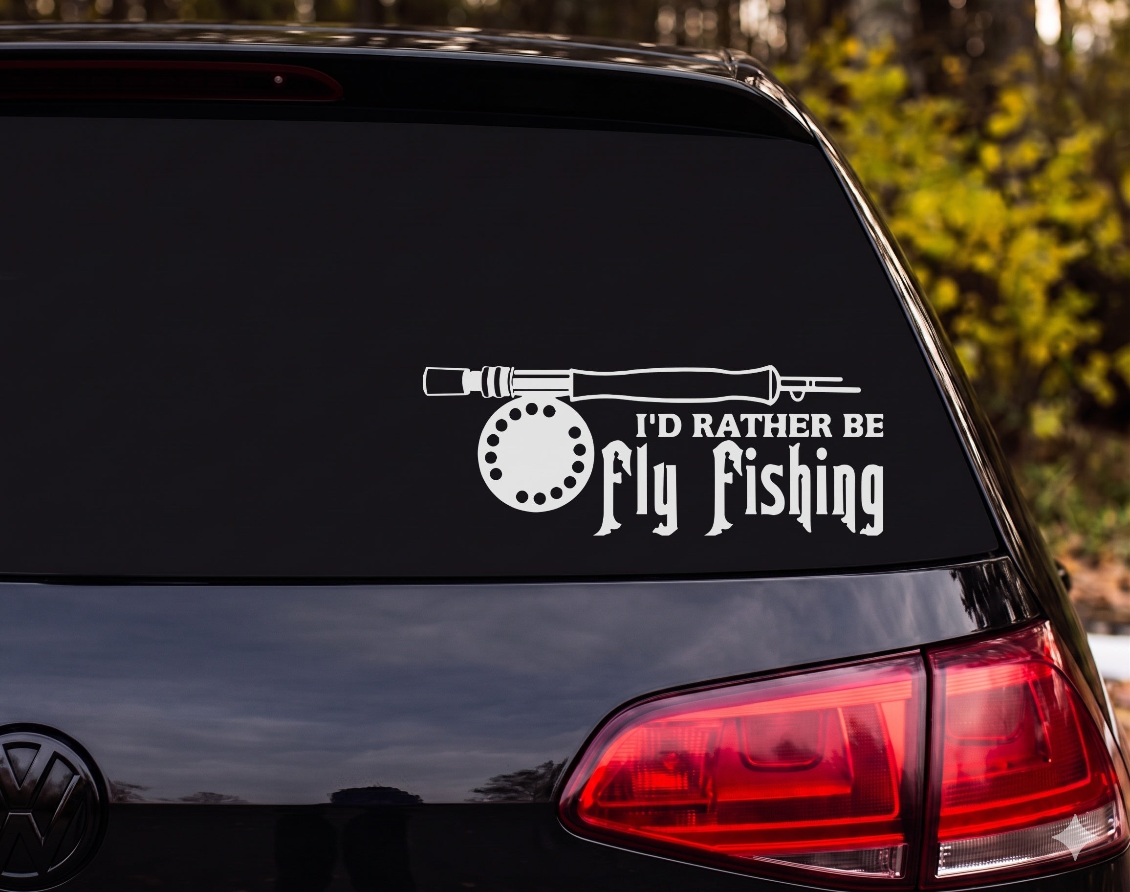 I'd Rather Be Fly Fishing Rod Reel Silhouette Vinyl Decal Sticker - White