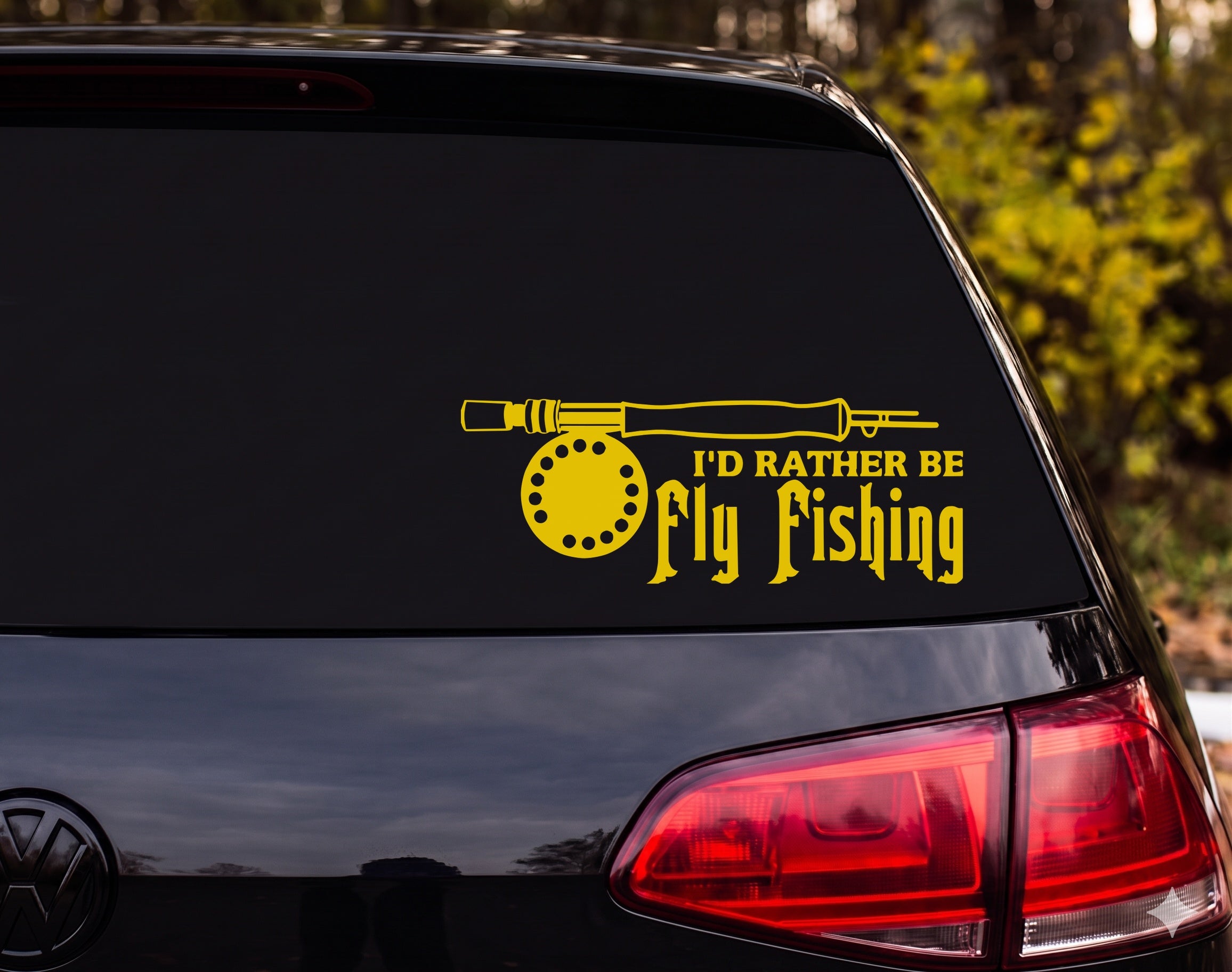 I'd Rather Be Fly Fishing Rod Reel Silhouette Vinyl Decal Sticker - Yellow