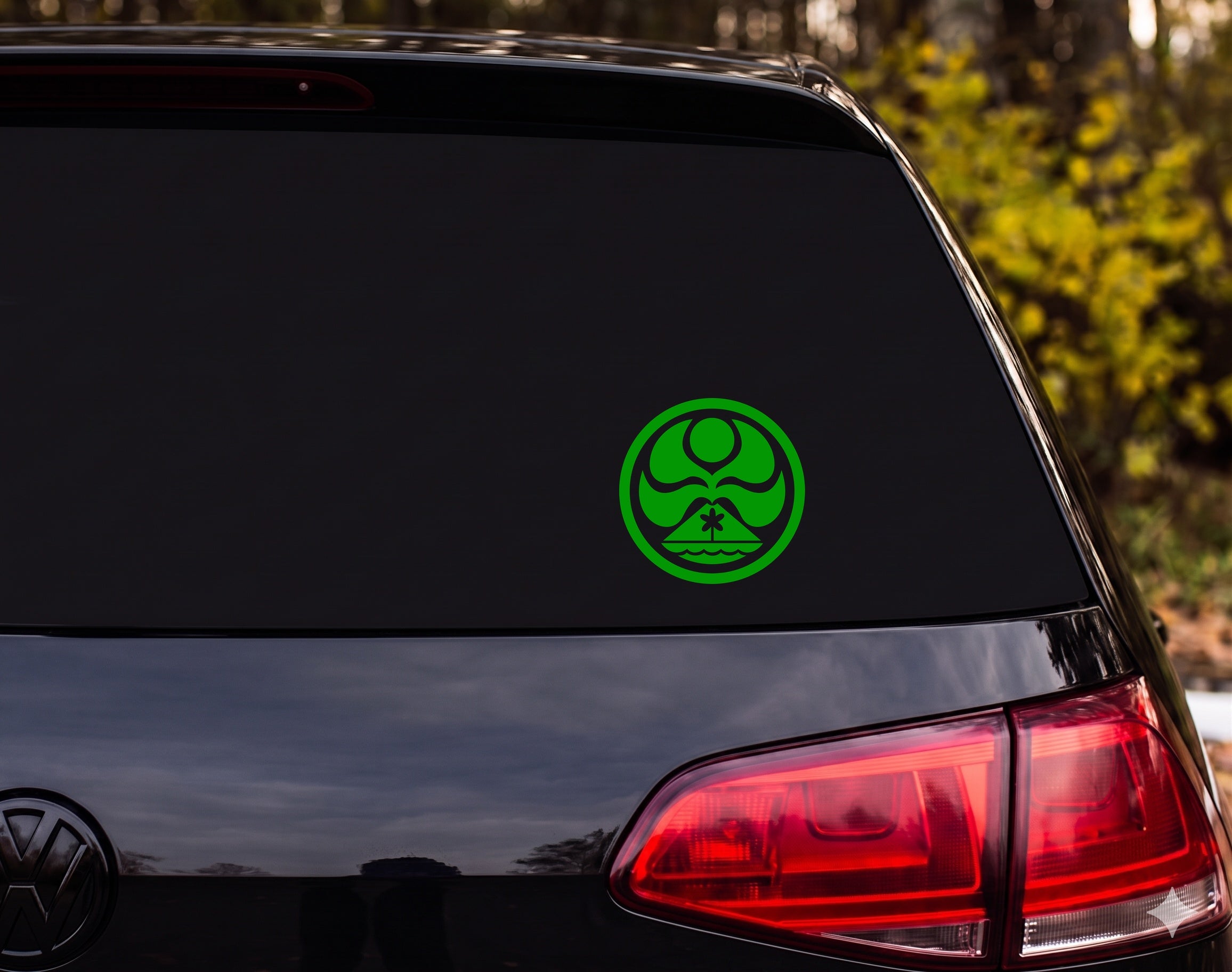 Volcanic Island Palm Tree Tribal Silhouette Circle Emblem Vinyl Decal Sticker - Green