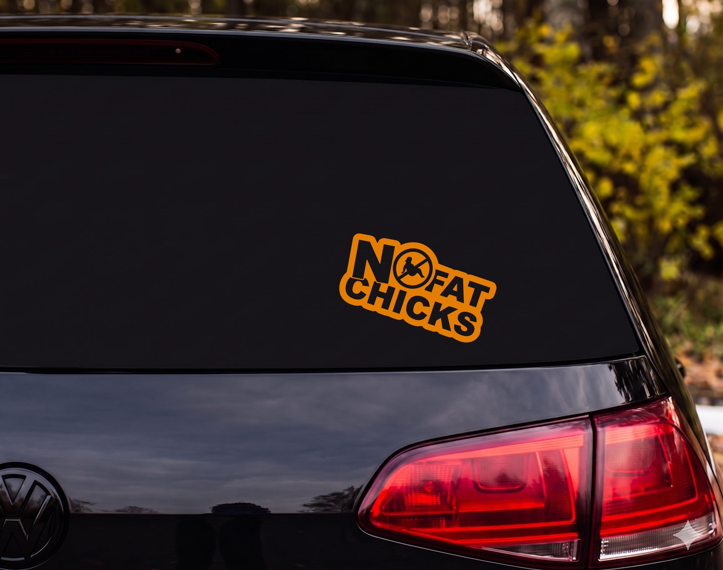 No Fat Chicks Prohibition Sign Silhouette Badge Vinyl Decal Sticker - Orange