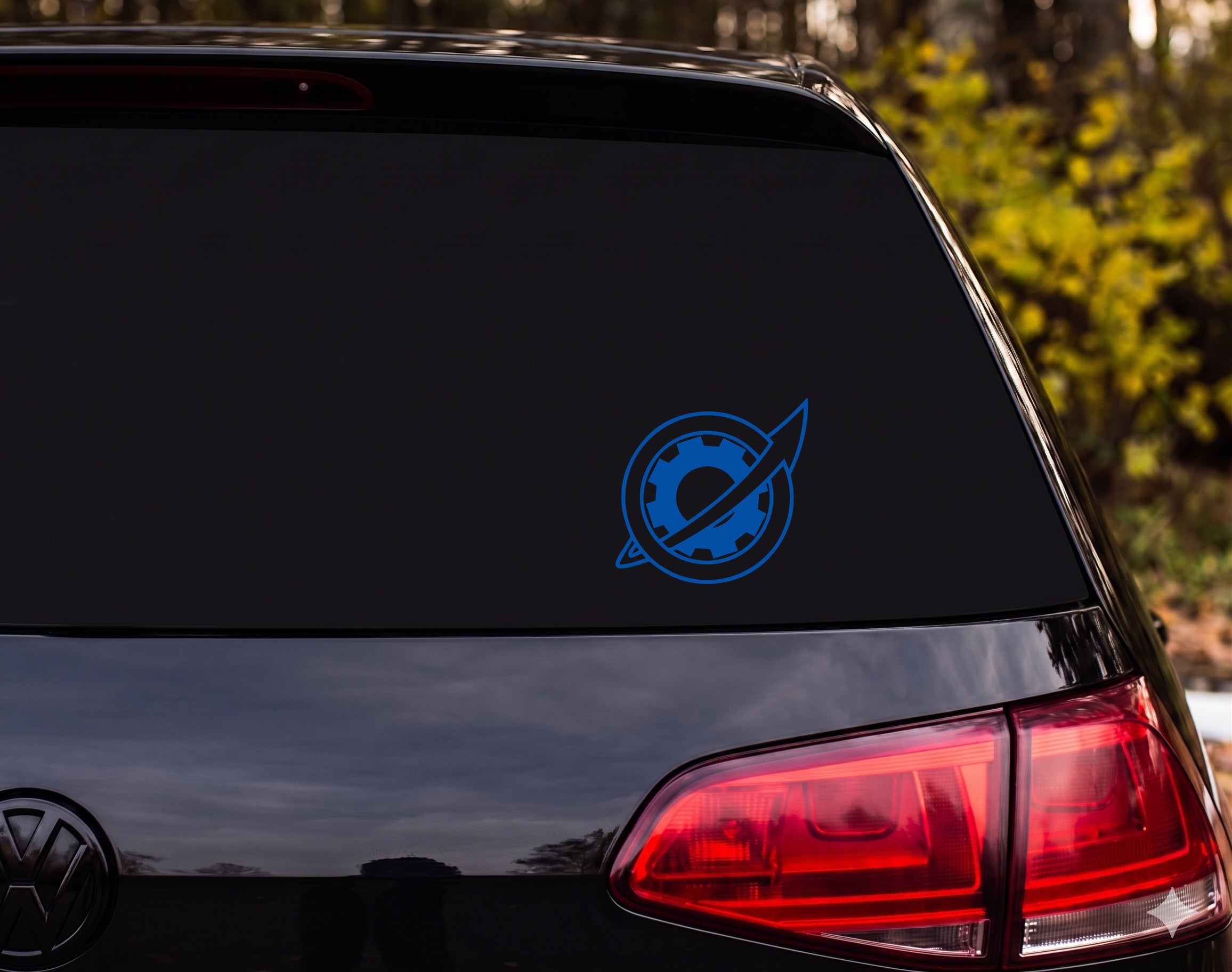 Compass Gear Cog Wheel Emblem Outline Diagonal Arrow Navigation Vinyl Decal - Blue