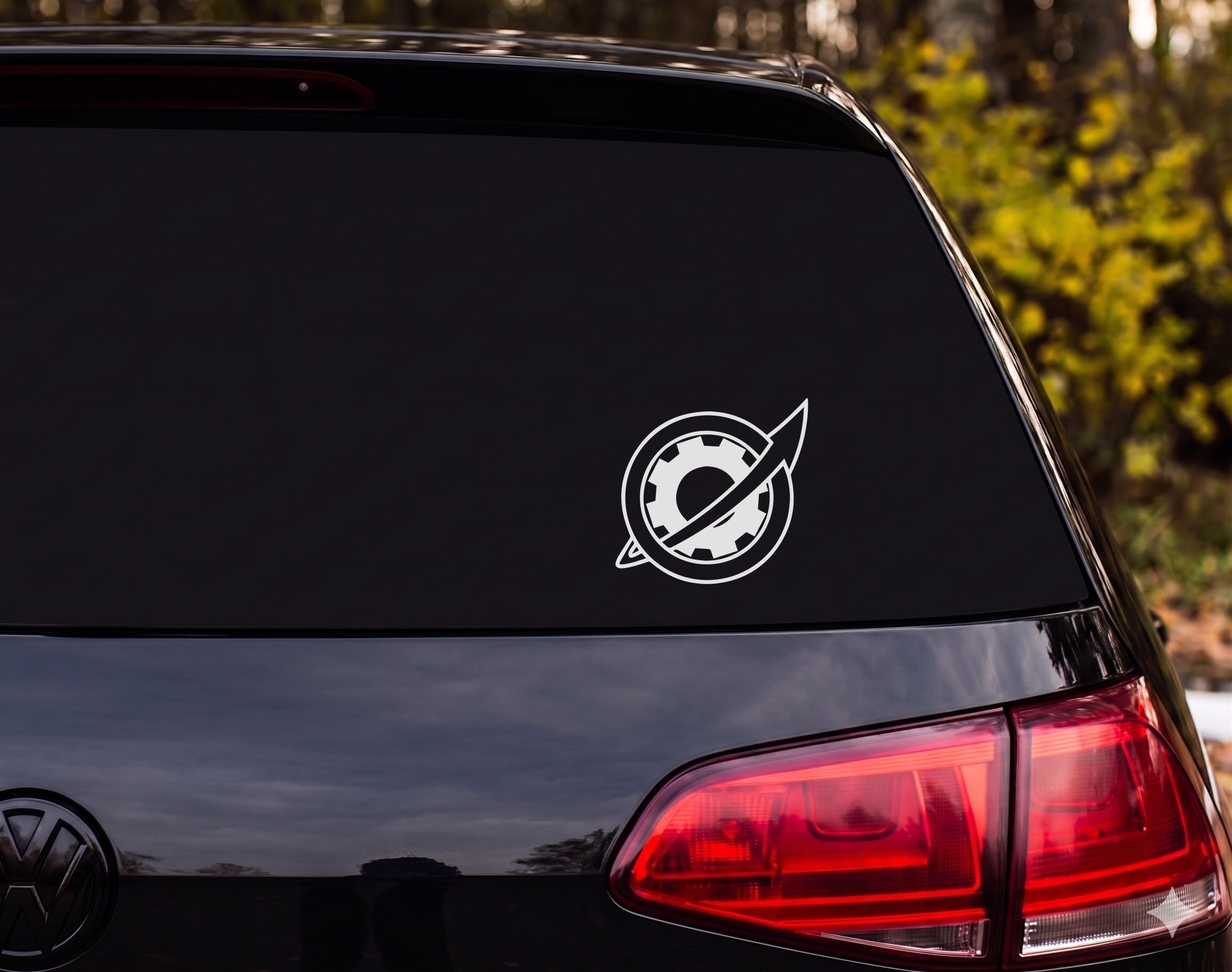 Compass Gear Cog Wheel Emblem Outline Diagonal Arrow Navigation Vinyl Decal - White
