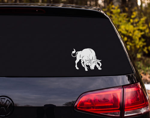 Charging Bull Silhouette Aggressive Stance Horns Down Vinyl Decal Sticker Car - White