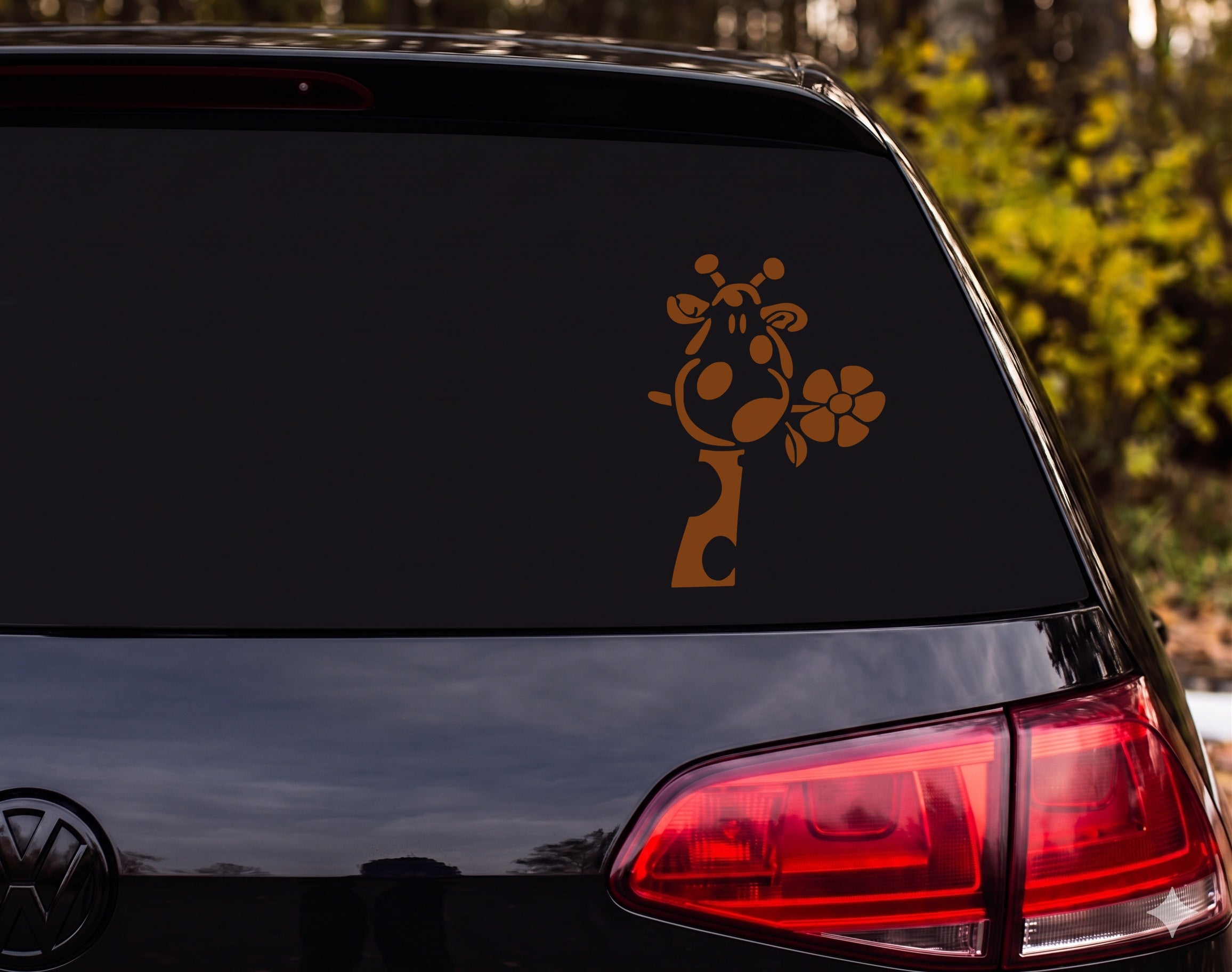 Cartoon Giraffe Head Silhouette Sniffing Flower Whimsical Vinyl Decal Sticker - Brown
