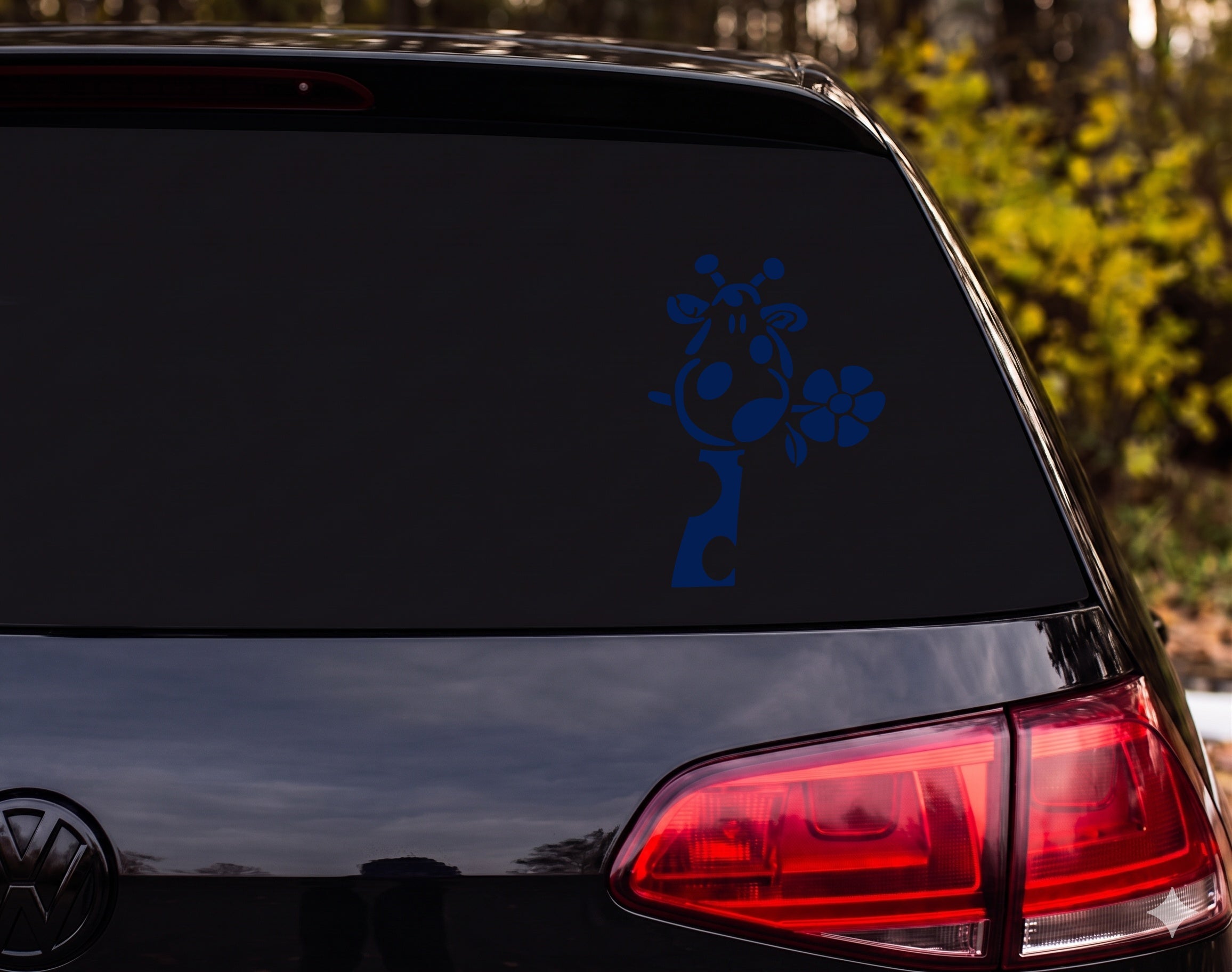 Cartoon Giraffe Head Silhouette Sniffing Flower Whimsical Vinyl Decal Sticker - Navy