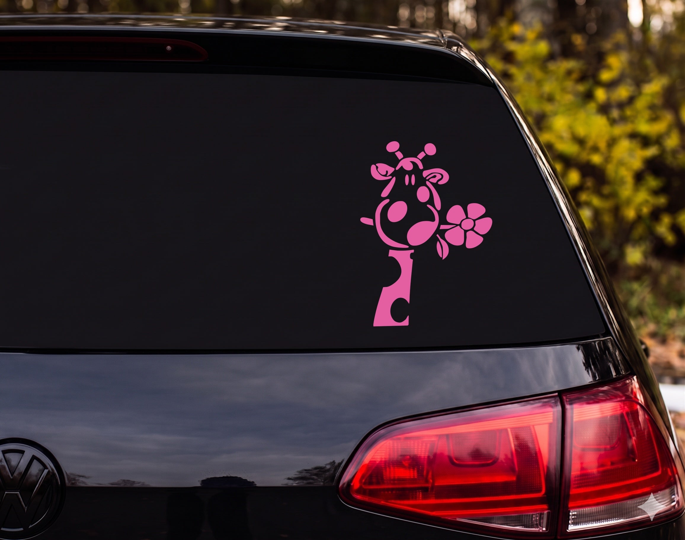 Cartoon Giraffe Head Silhouette Sniffing Flower Whimsical Vinyl Decal Sticker - Pink