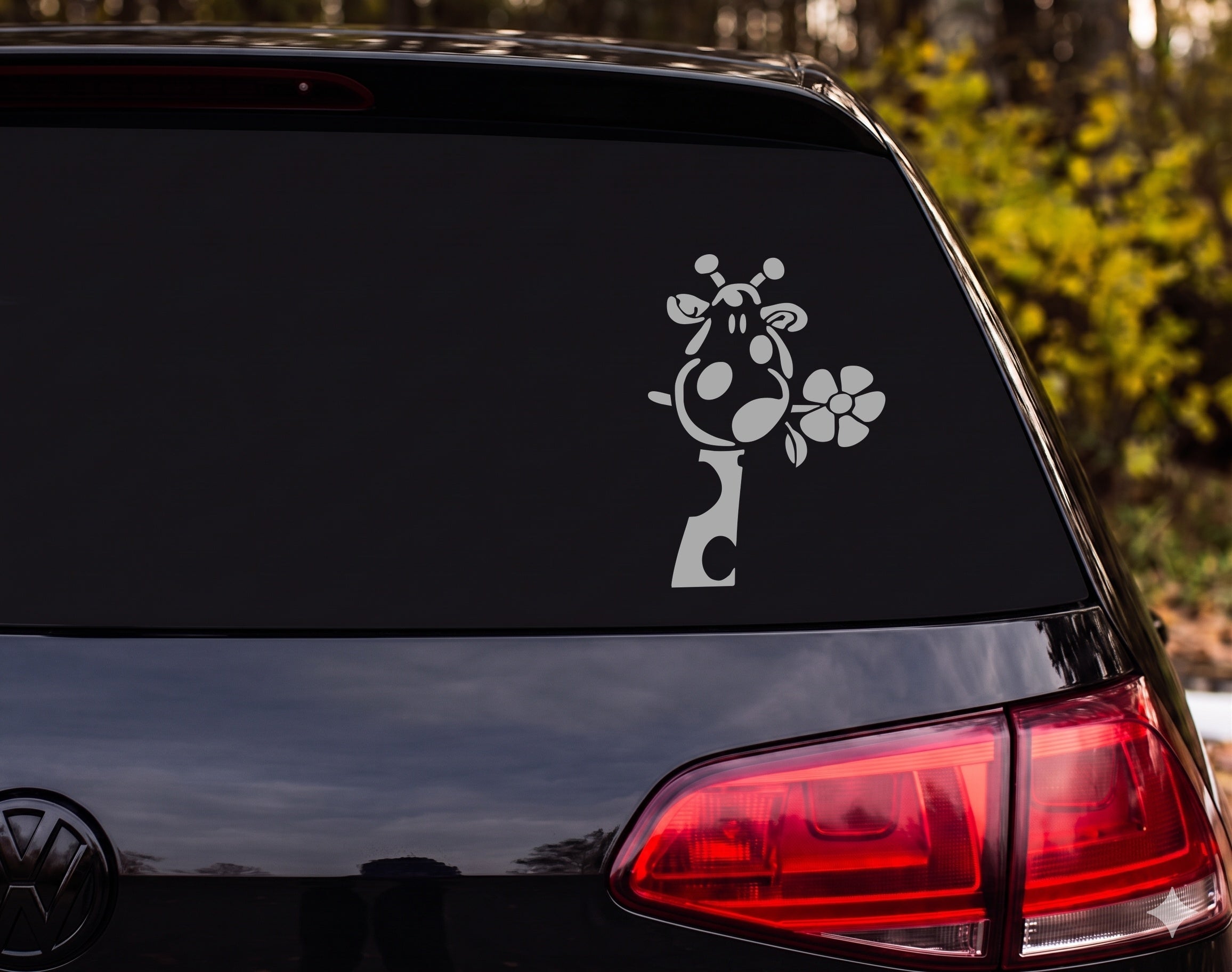 Cartoon Giraffe Head Silhouette Sniffing Flower Whimsical Vinyl Decal Sticker - Silver