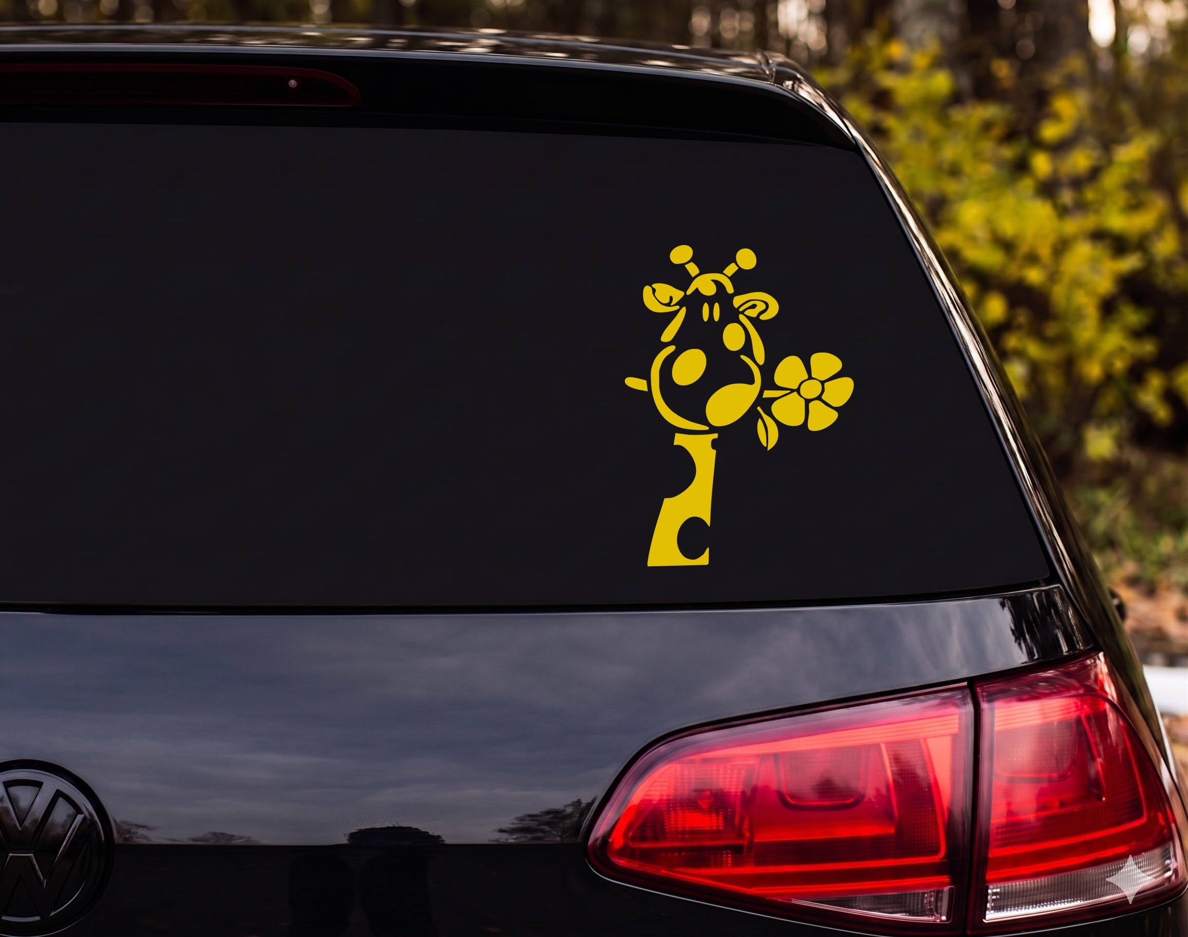 Cartoon Giraffe Head Silhouette Sniffing Flower Whimsical Vinyl Decal Sticker - Yellow