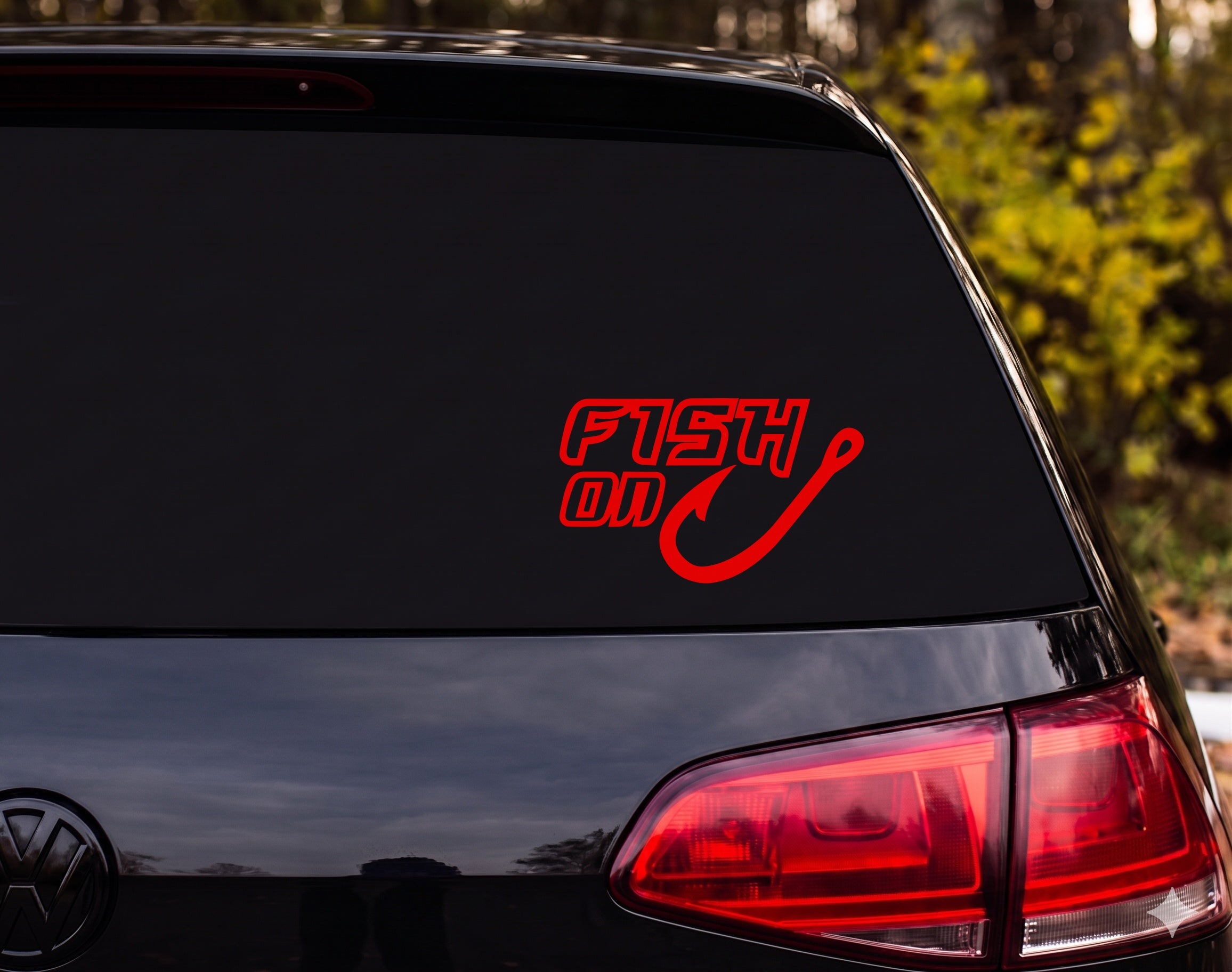 FISH ON Fishing Hook Outline Vinyl Decal Sticker Car Window Laptop - Red