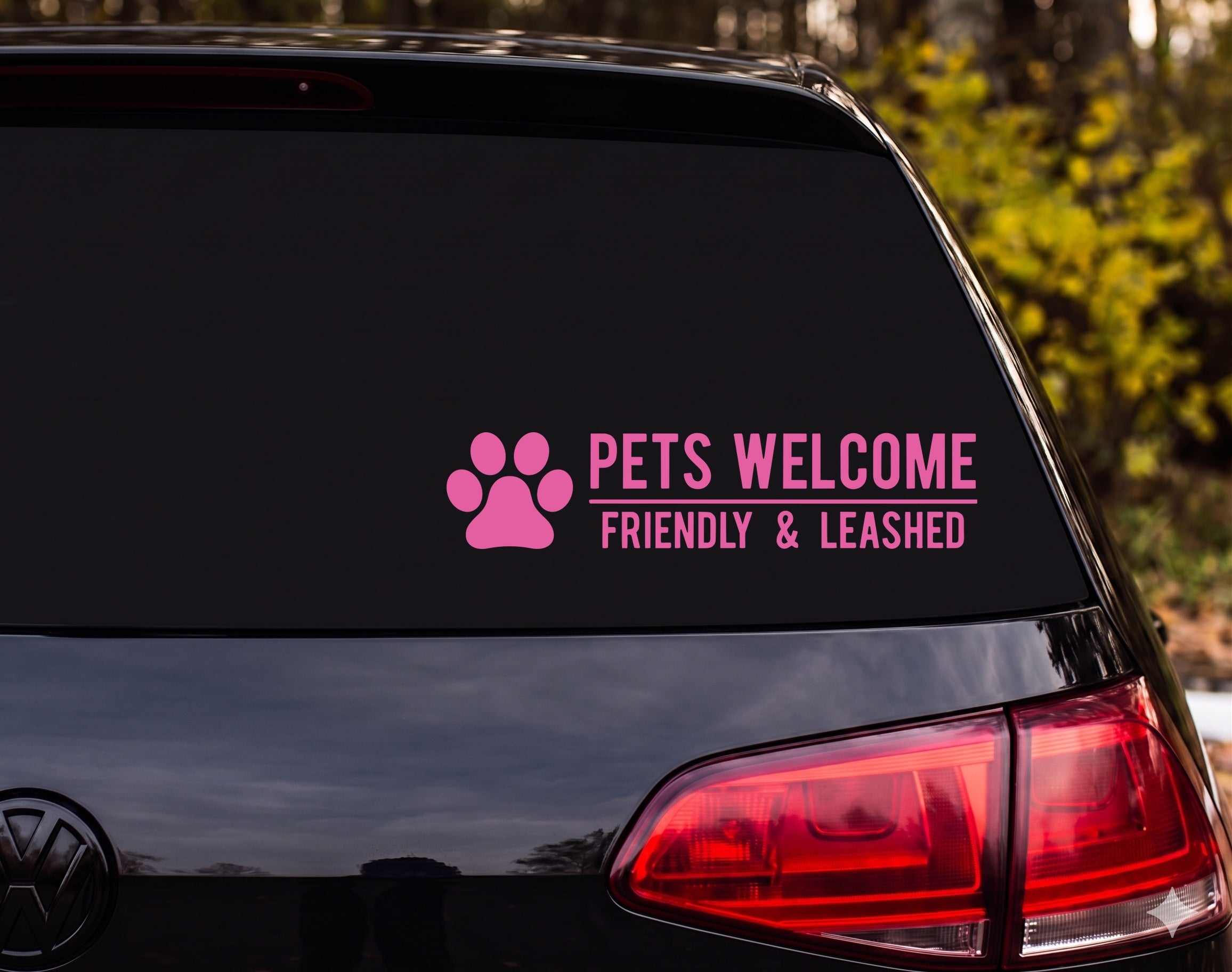 Paw Print PETS WELCOME FRIENDLY & LEASHED Vinyl Decal Sticker - Pink