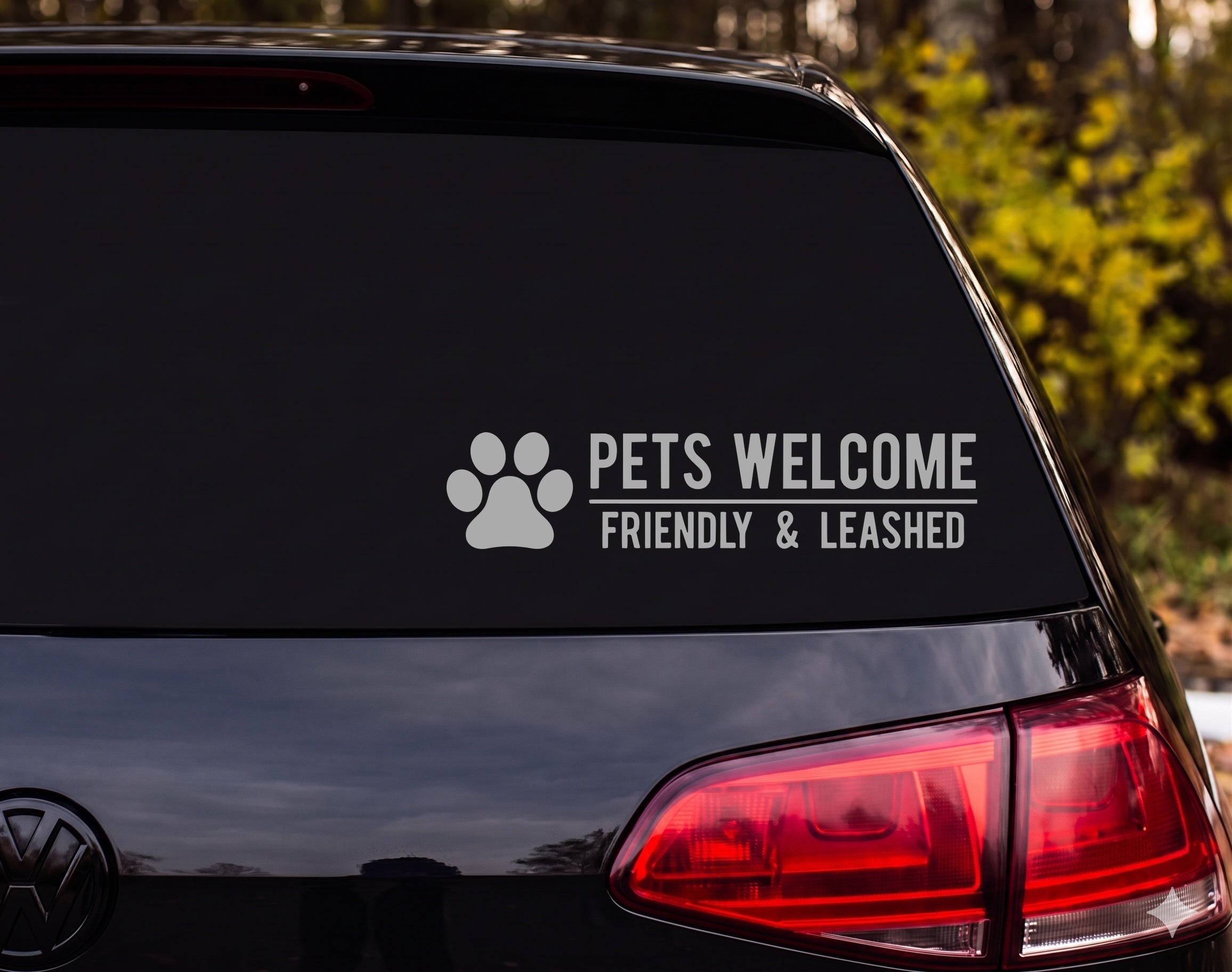 Paw Print PETS WELCOME FRIENDLY & LEASHED Vinyl Decal Sticker - Silver