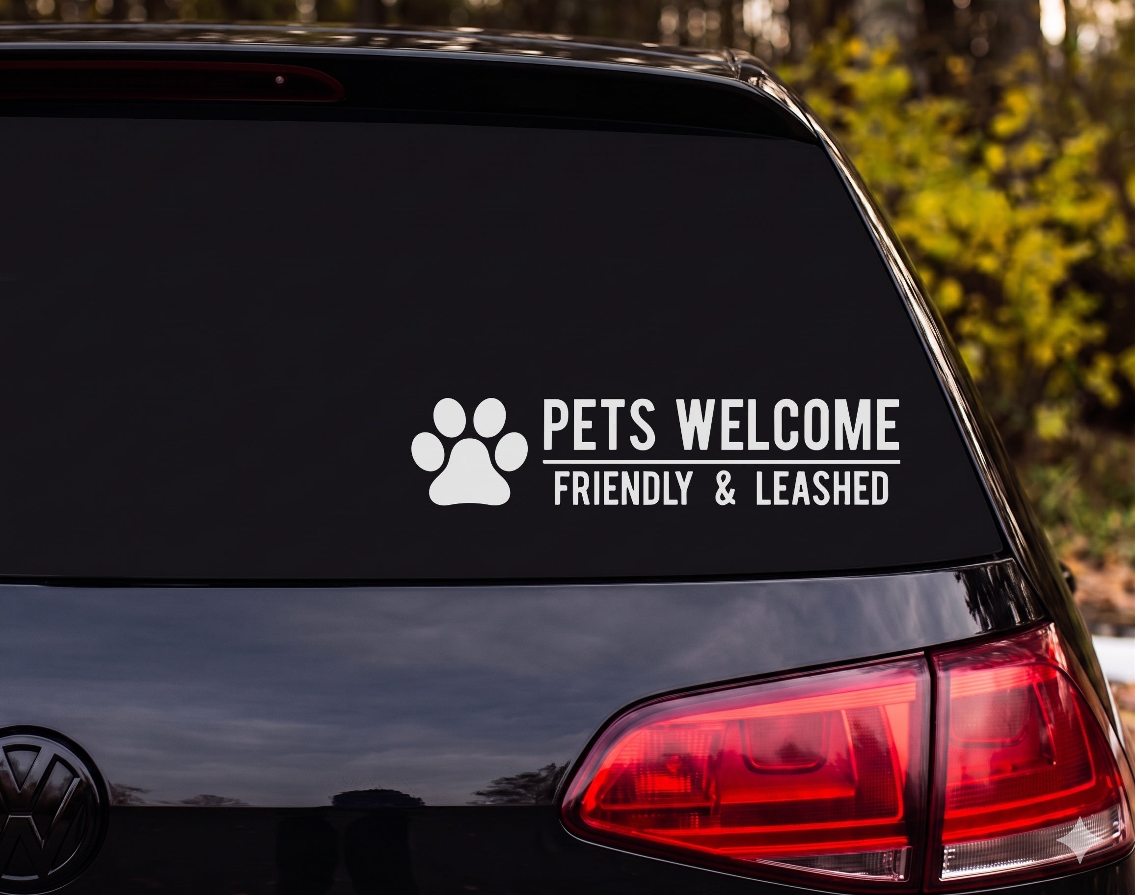Paw Print PETS WELCOME FRIENDLY & LEASHED Vinyl Decal Sticker - White