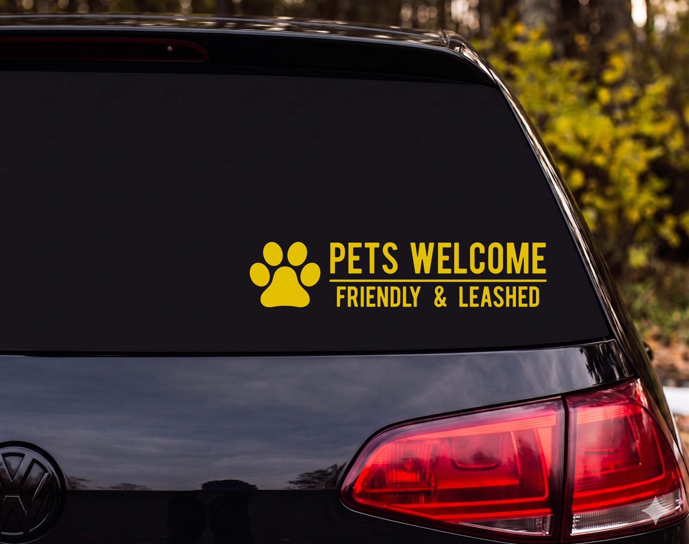 Paw Print PETS WELCOME FRIENDLY & LEASHED Vinyl Decal Sticker - Yellow