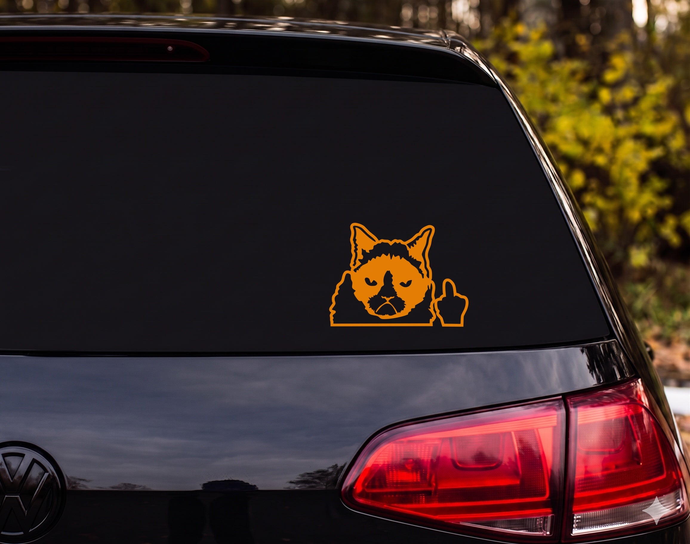 Grumpy Cat Peering Over Edge Middle Finger Cartoon Vinyl Decal Sticker - Orange