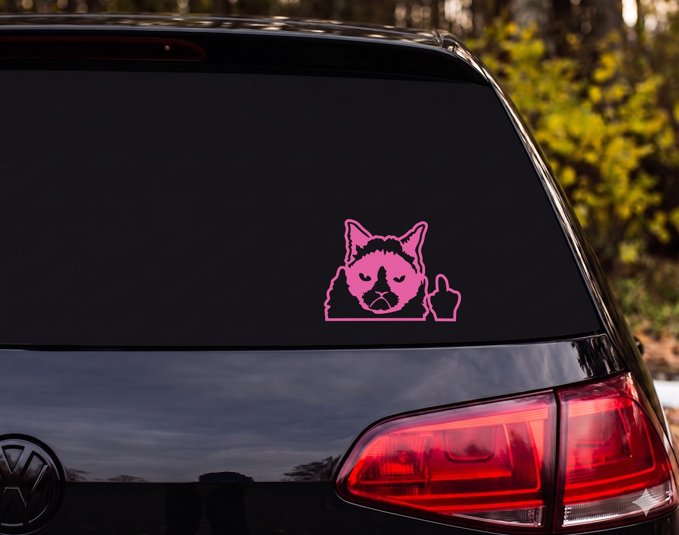 Grumpy Cat Peering Over Edge Middle Finger Cartoon Vinyl Decal Sticker - Pink
