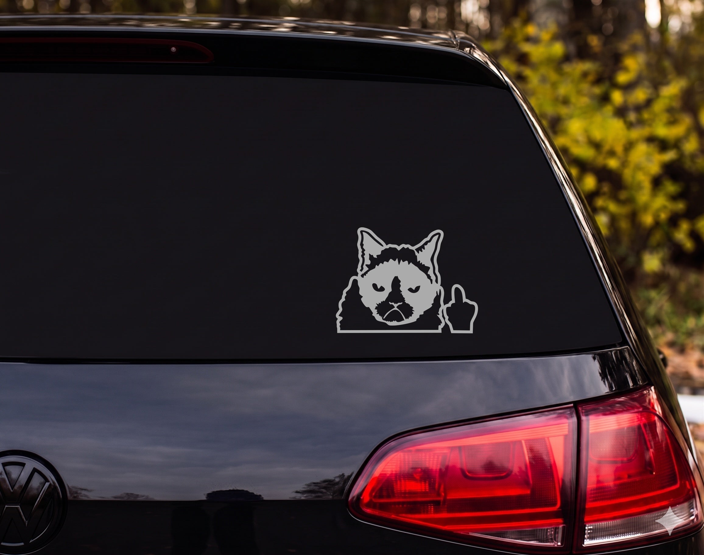Grumpy Cat Peering Over Edge Middle Finger Cartoon Vinyl Decal Sticker - Silver