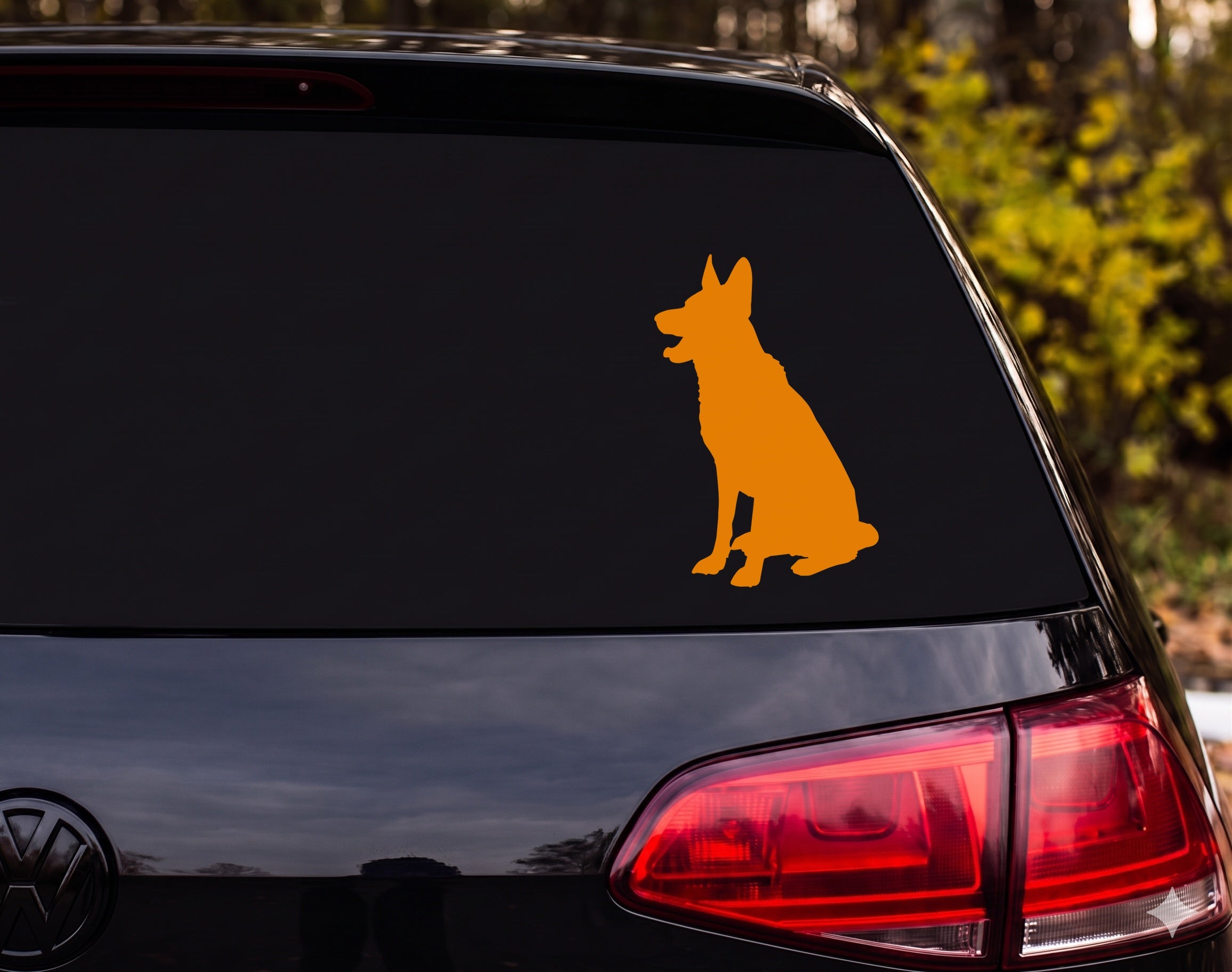 German Shepherd Sitting Silhouette Alert Ears Open Mouth Vinyl Decal Sticker - Orange