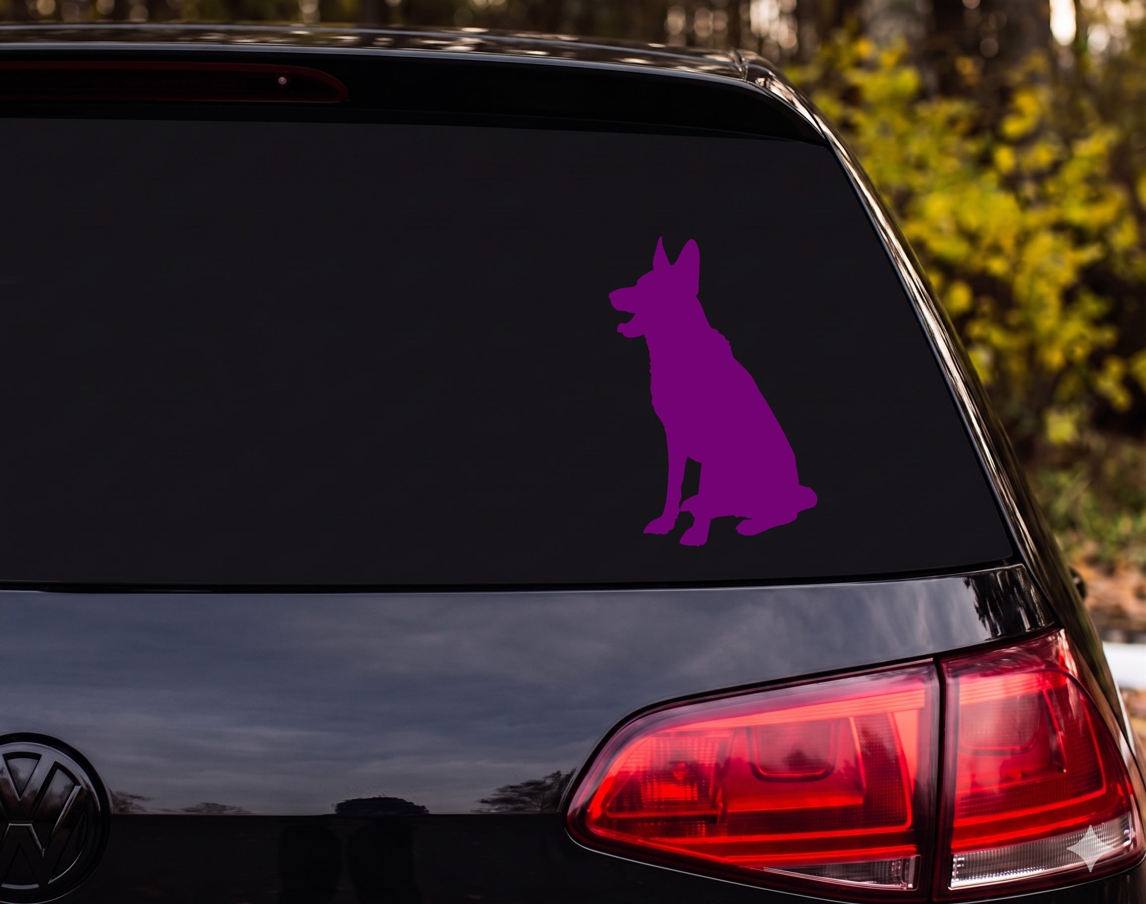 German Shepherd Sitting Silhouette Alert Ears Open Mouth Vinyl Decal Sticker - Purple