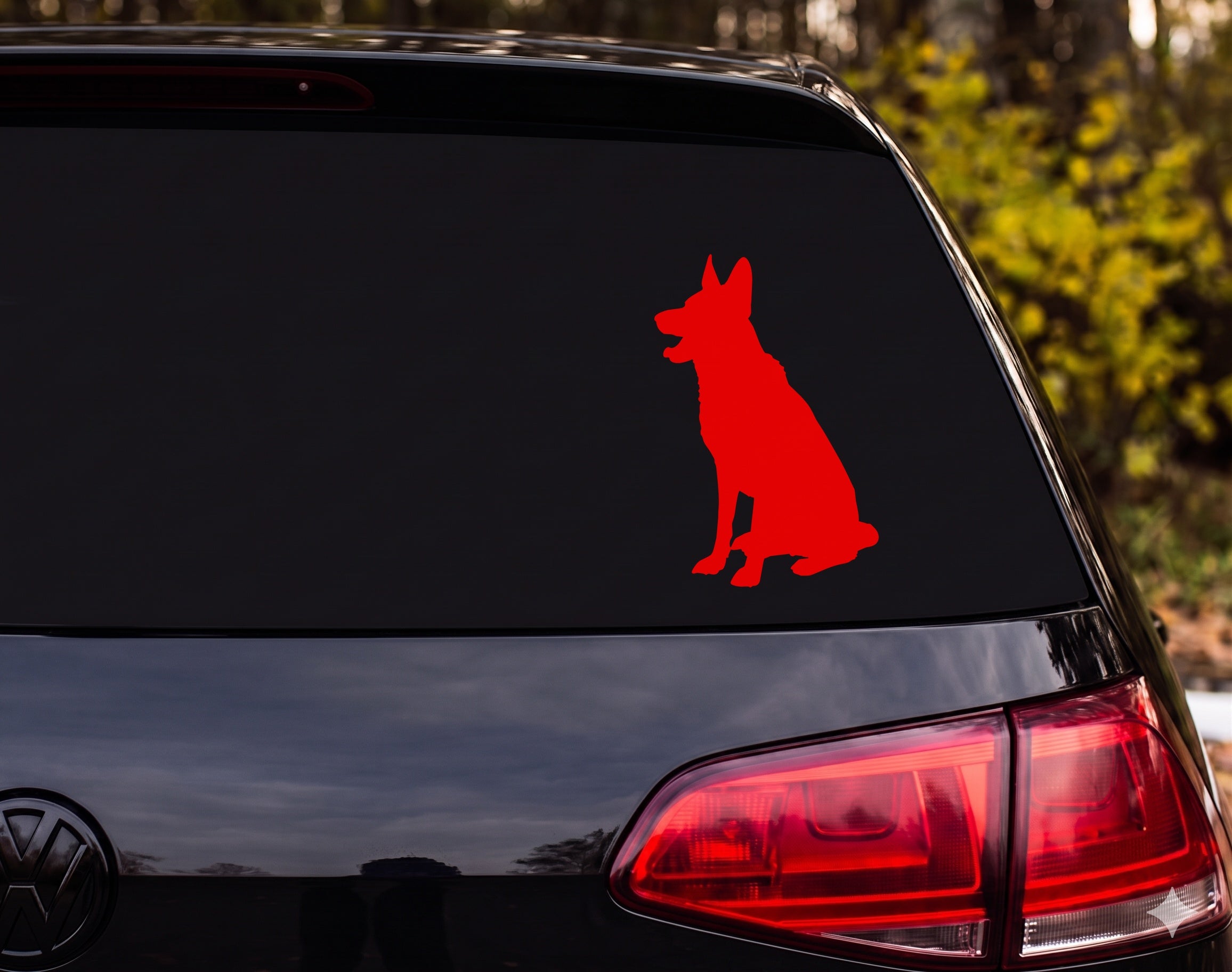 German Shepherd Sitting Silhouette Alert Ears Open Mouth Vinyl Decal Sticker - Red
