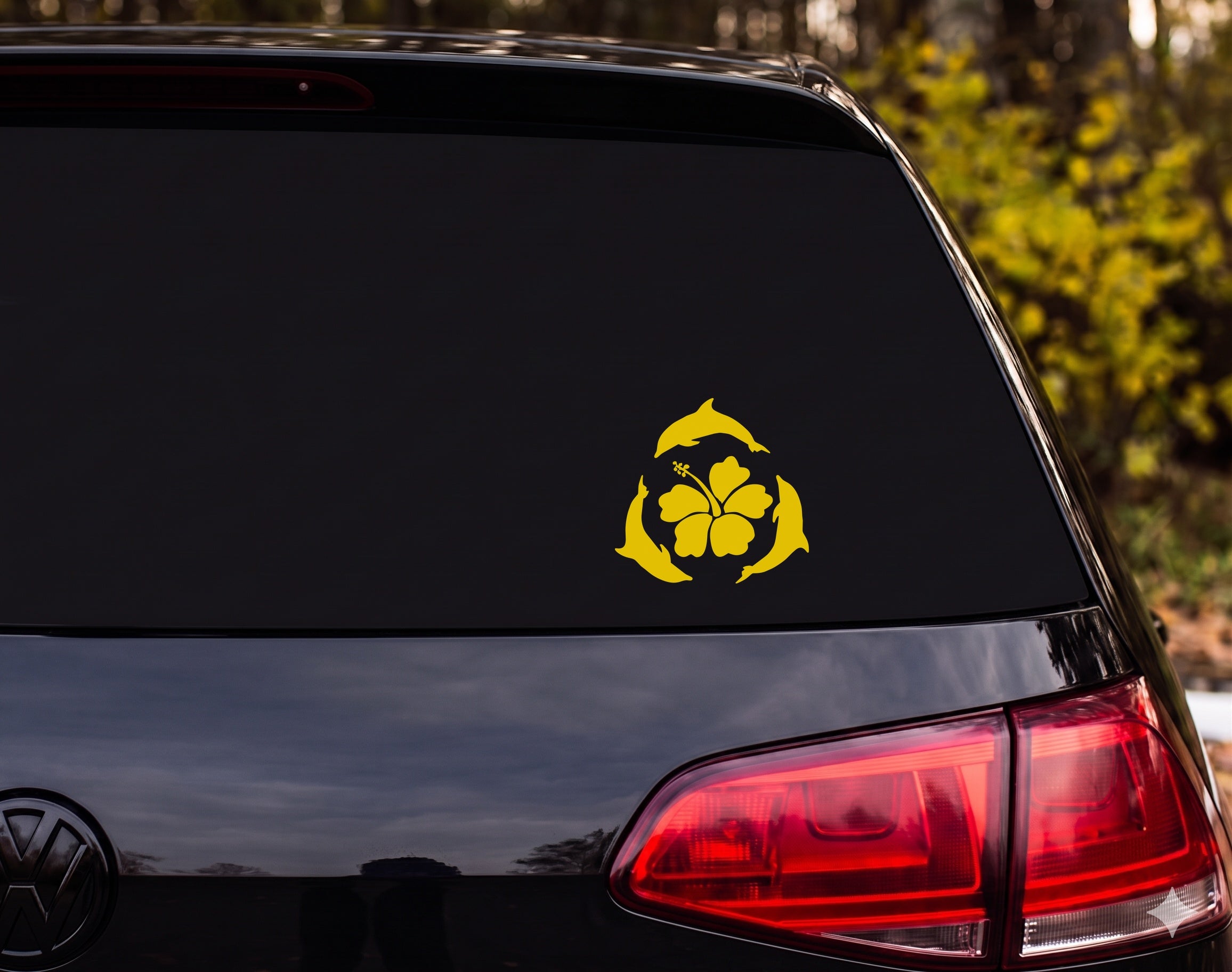 Three Dolphin Pinwheel Hibiscus Silhouette Vinyl Decal Sticker Car Window - Yellow