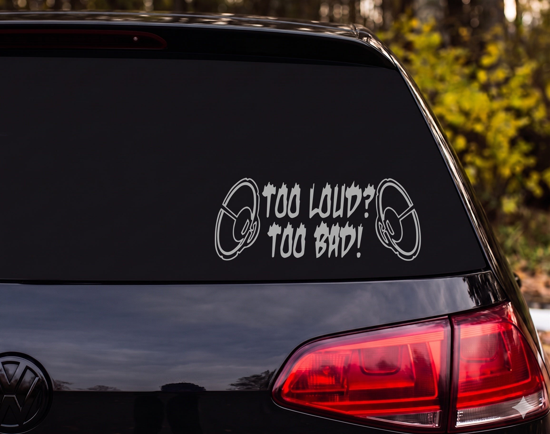 TOO LOUD TOO BAD Subwoofer Speakers Flame Outline Vinyl Decal Sticker - Silver