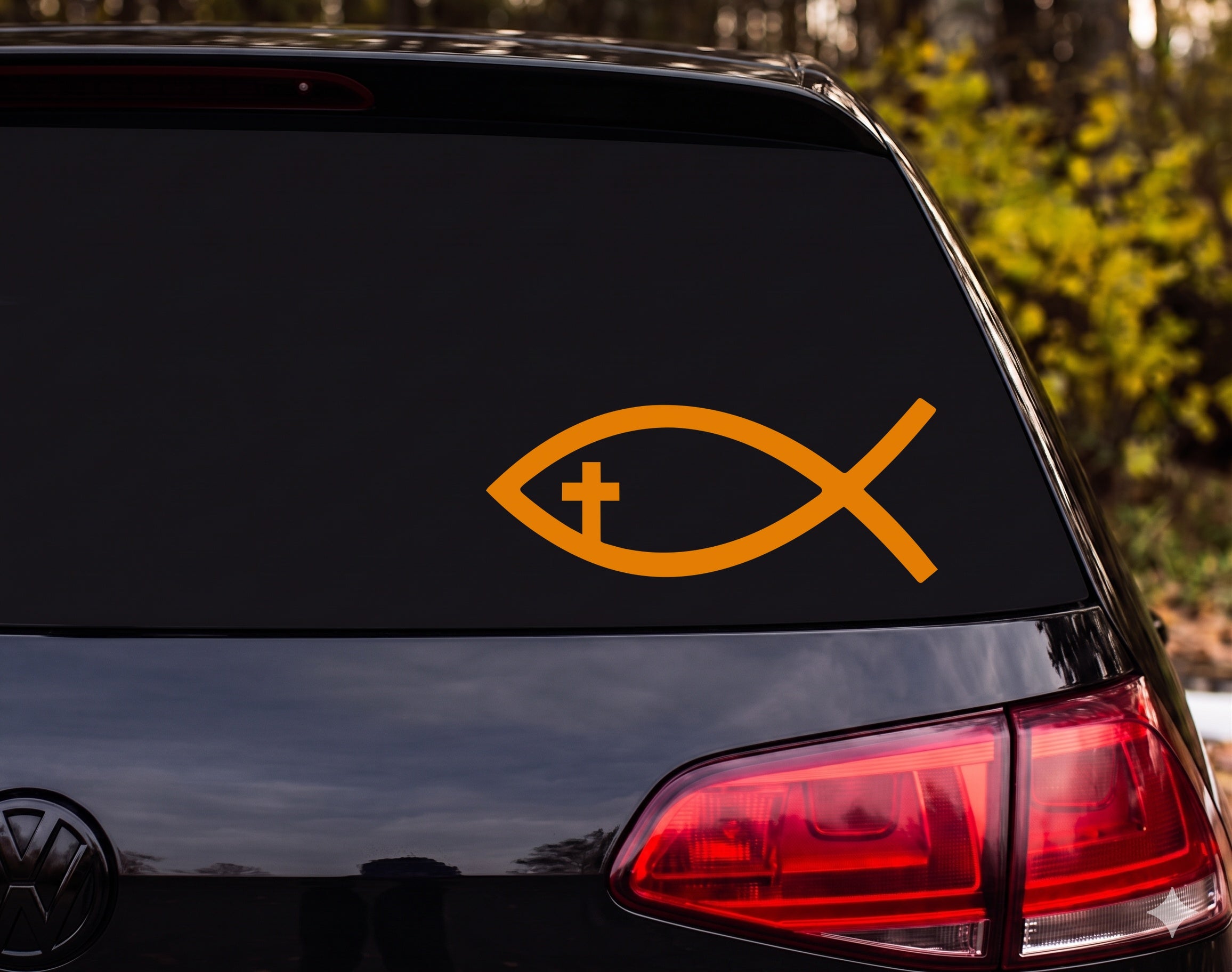 Jesus Fish Ichthys Cross Inside Silhouette Christian Vinyl Decal Sticker Car - Orange