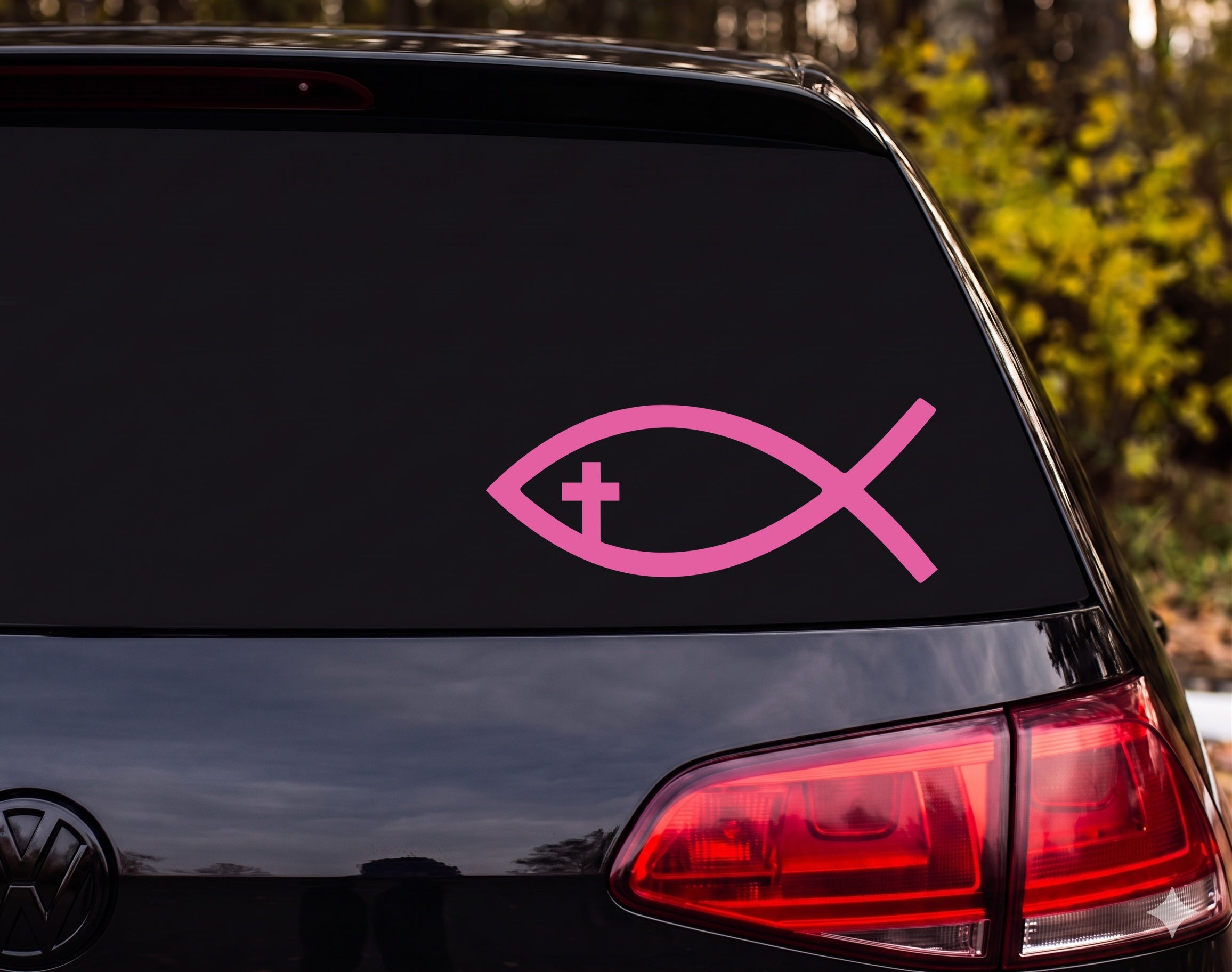 Jesus Fish Ichthys Cross Inside Silhouette Christian Vinyl Decal Sticker Car - Pink