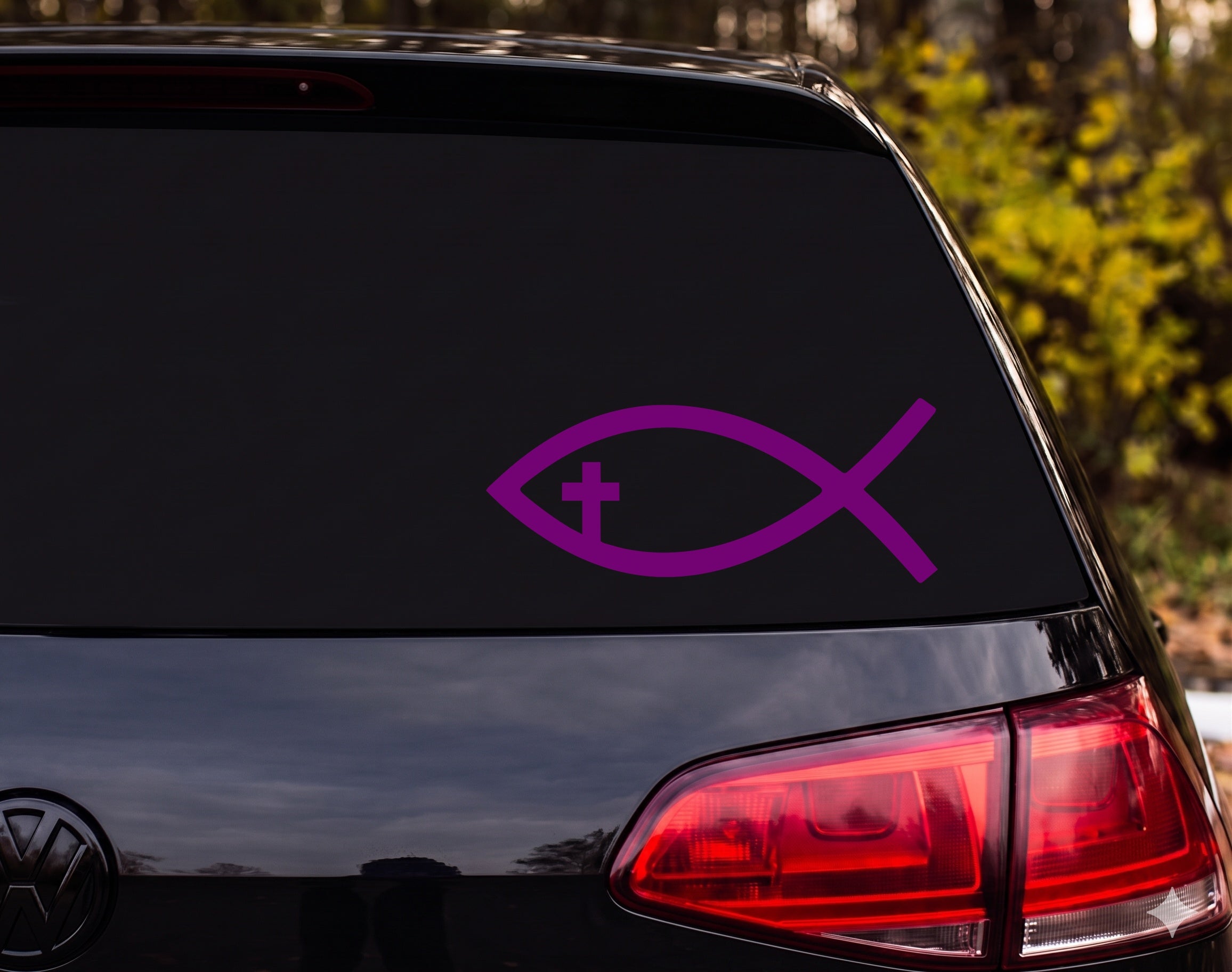 Jesus Fish Ichthys Cross Inside Silhouette Christian Vinyl Decal Sticker Car - Purple